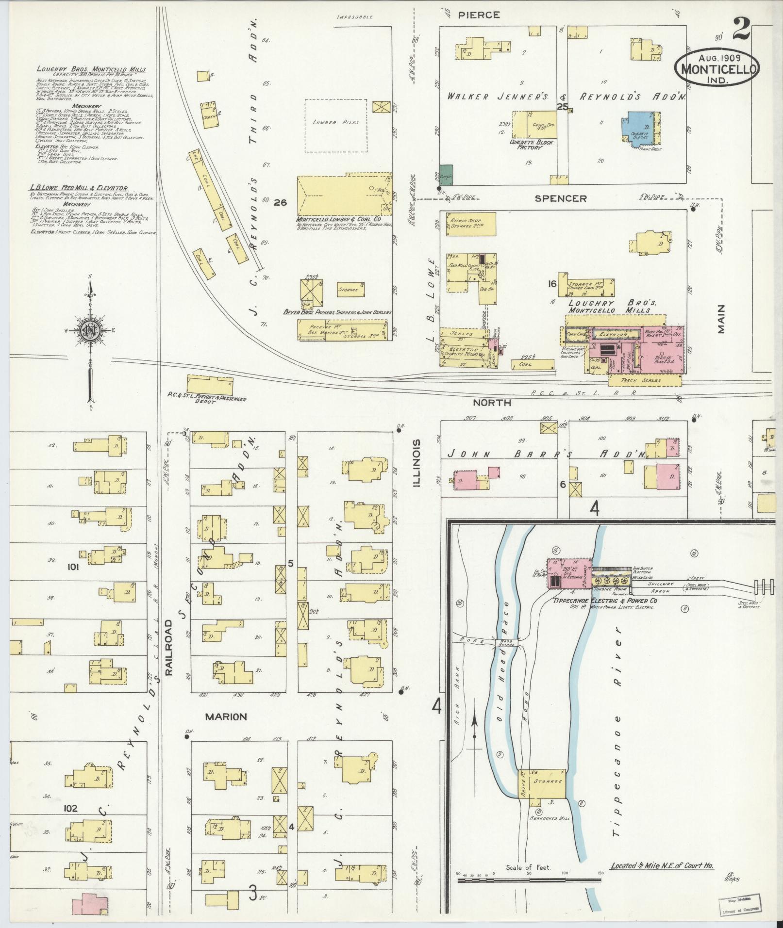 Sanborn Fire Insurance Map from Monticello, White County, Indiana (1909), Sheet #0002 - Historic Sanborn Fire Insurance Map Print, vintage old map wall art, antique decor, genealogy gift, Indiana Indiana map