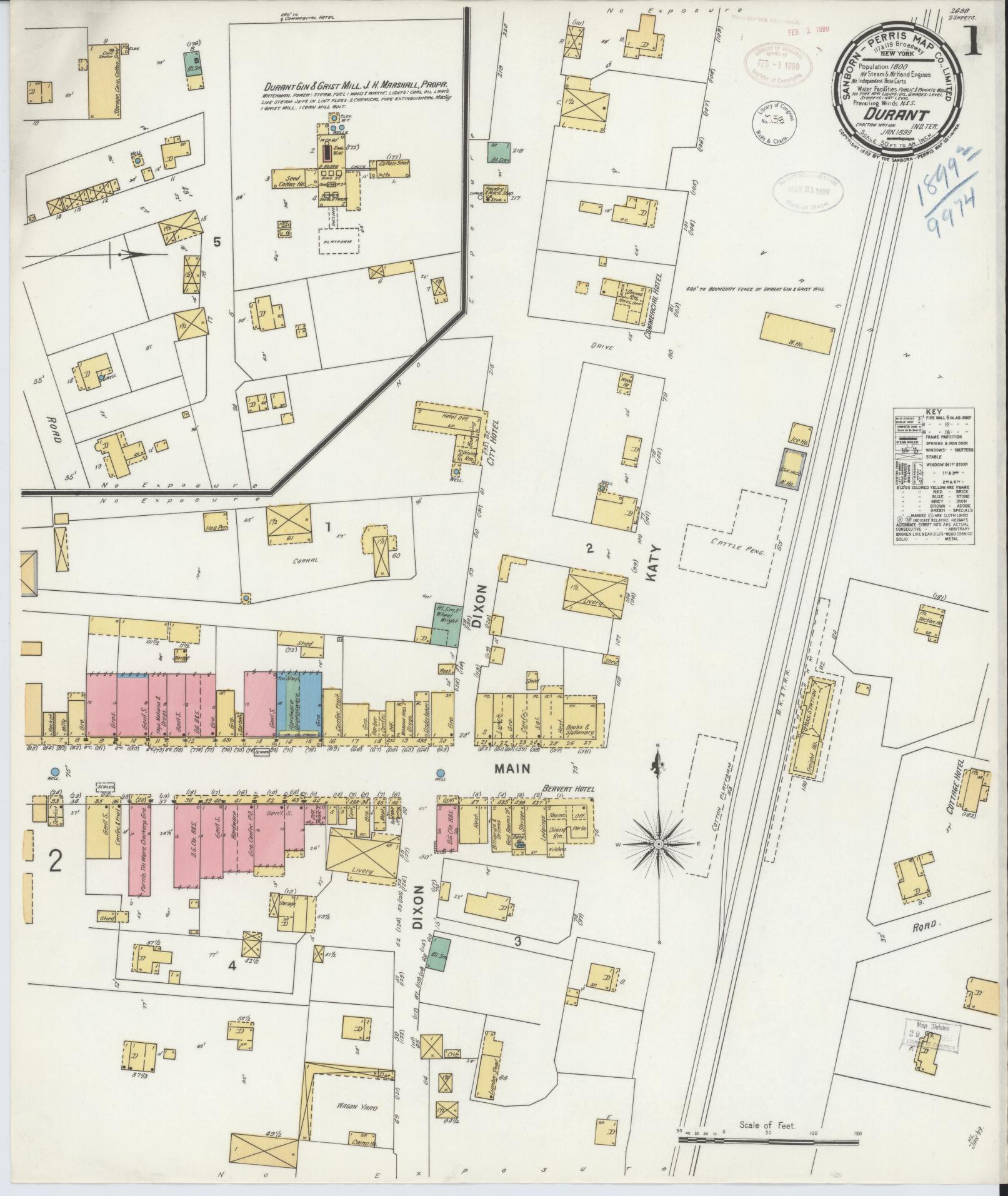 Sanborn Fire Insurance Map from Durant, Bryan County, Oklahoma (1899), Sheet #0001 - Historic Sanborn Fire Insurance Map Print, vintage old map wall art, antique decor, genealogy gift, Oklahoma Oklahoma map