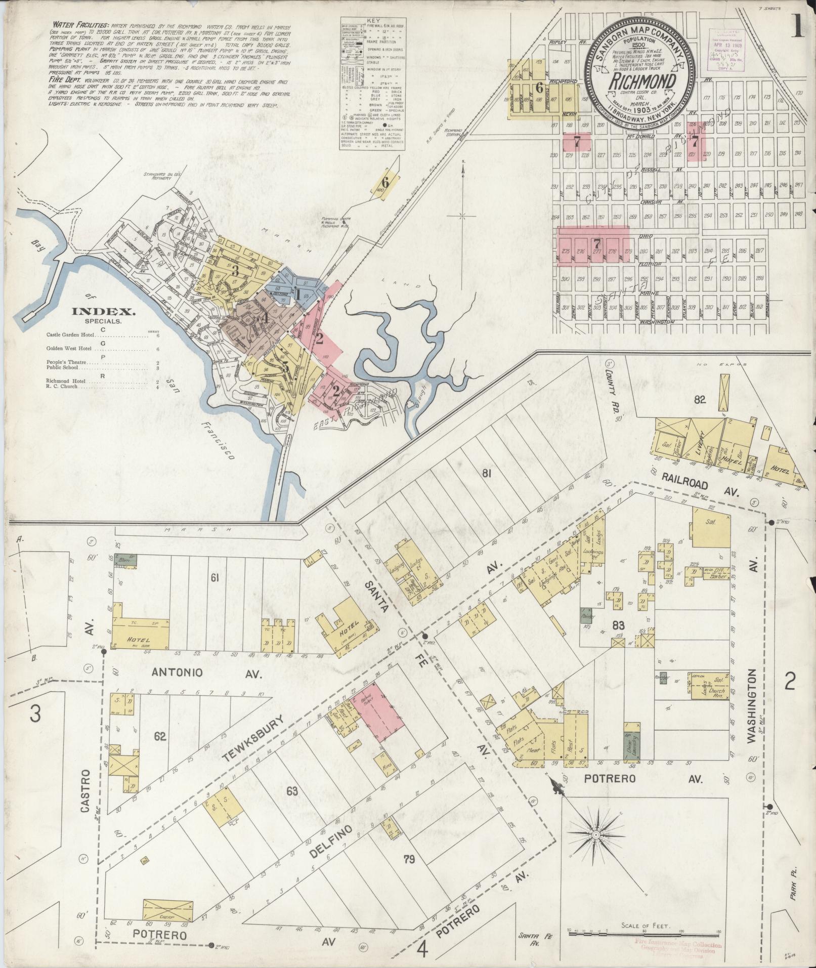 Sanborn Fire Insurance Map from Richmond, Contra Costa County, California (1903), Sheet #0001 - Complete Map Set gallery image, historic Sanborn map, vintage wall art, California California