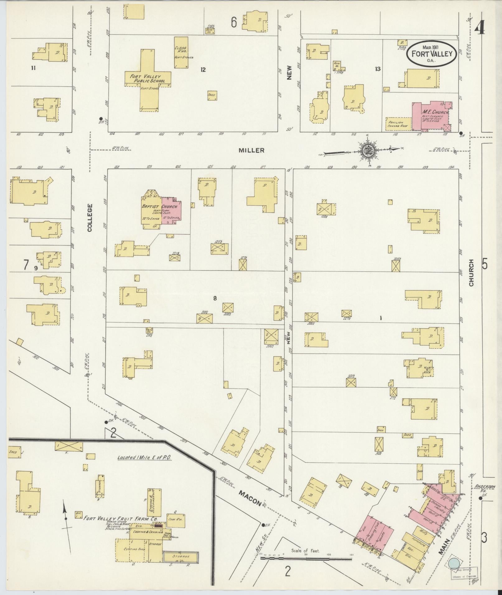 Sanborn Fire Insurance Map from Fort Valley, Peach County, Georgia (1911), Sheet #0004 - Historic Sanborn Fire Insurance Map Print, vintage old map wall art, antique decor, genealogy gift, Georgia Georgia map