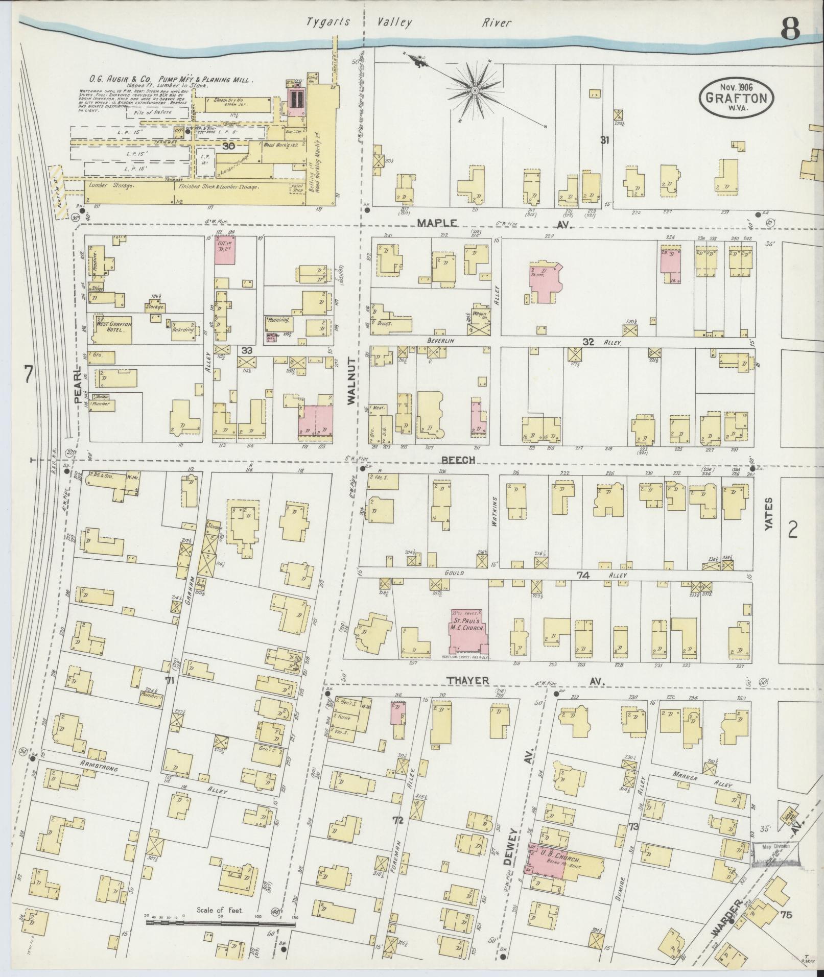 Sanborn Fire Insurance Map from Grafton, Taylor County, West Virginia (1906), Sheet #0008 - Complete Map Set gallery image, historic Sanborn map, vintage wall art, West Virginia West Virginia