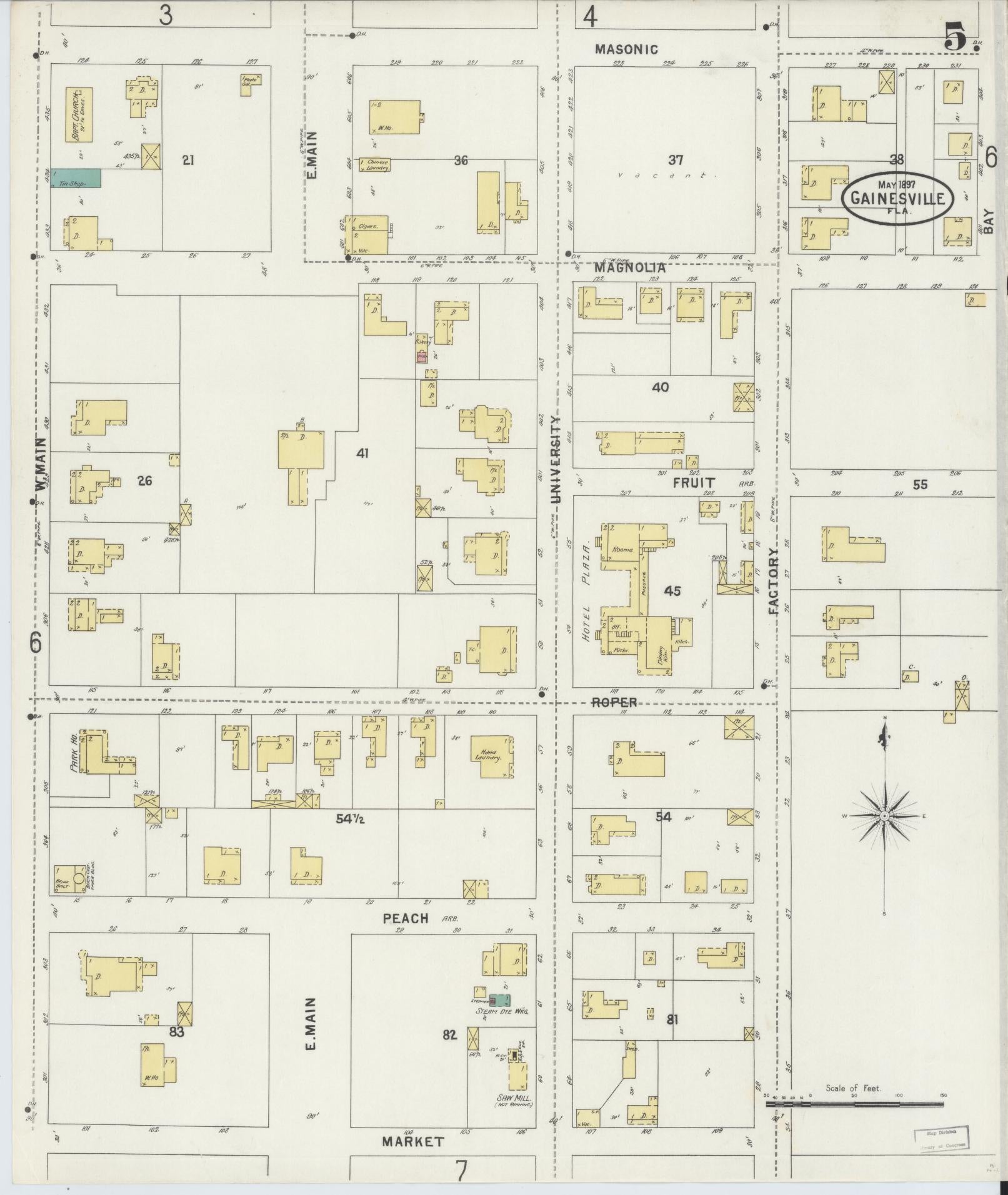 Sanborn Fire Insurance Map from Gainesville, Alachua County, Florida (1897), Sheet #0005 - Historic Sanborn Fire Insurance Map Print, vintage old map wall art, antique decor, genealogy gift, Florida Florida map