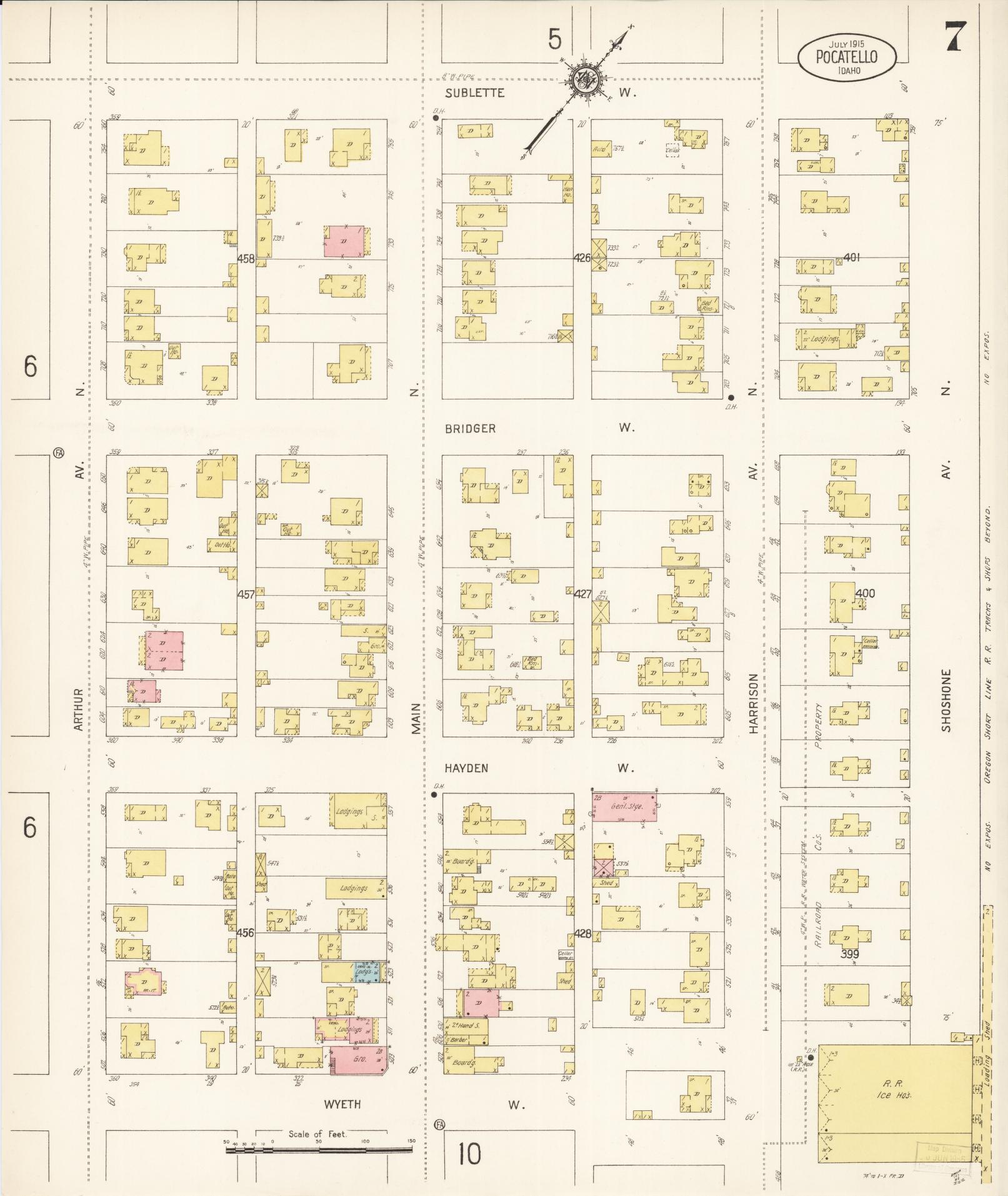 Sanborn Fire Insurance Map from Pocatello, Bannock County, Idaho (1915), Sheet #0007 - Historic Sanborn Fire Insurance Map Print, vintage old map wall art, antique decor, genealogy gift, Idaho Idaho map