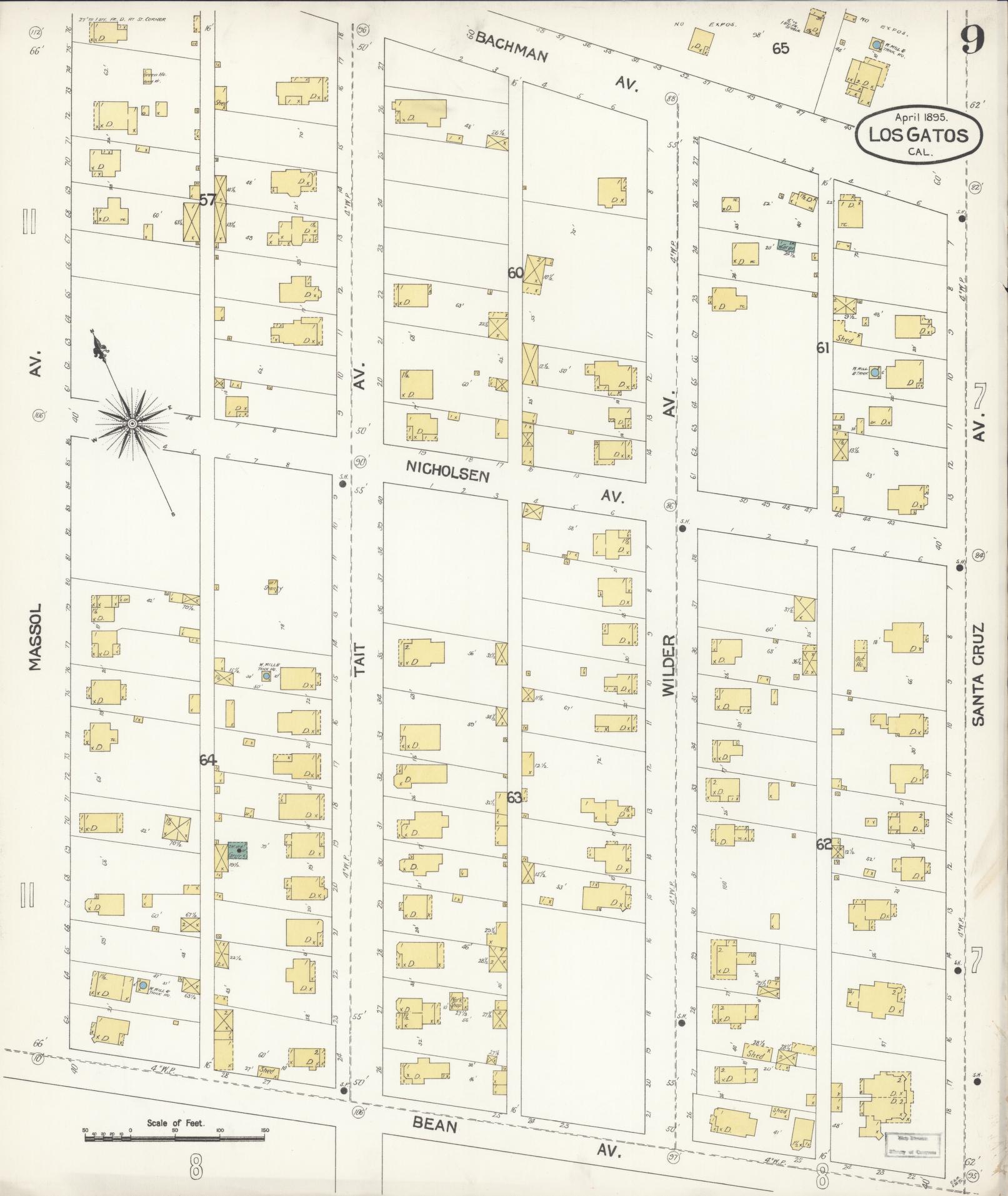Sanborn Fire Insurance Map from Los Gatos, Santa Clara County, California (1895), Sheet #0009 - Historic Sanborn Fire Insurance Map Print, vintage old map wall art, antique decor, genealogy gift, California California map