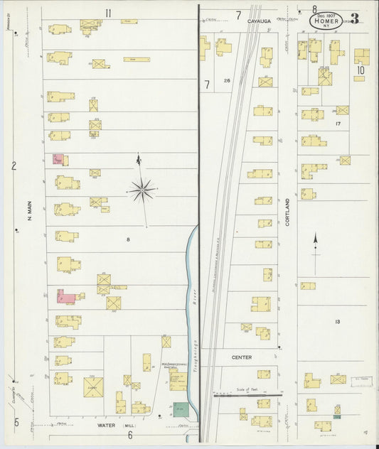 Sanborn Fire Insurance Map from Homer, Cortland County, New York (1907), Sheet #0003 - Historic Sanborn Fire Insurance Map Print, vintage old map wall art, antique decor, genealogy gift, New York New York map