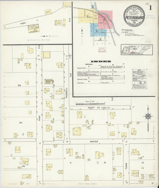 Sanborn Fire Insurance Map from Petersburgh, Lincoln County, Tennessee (1914), Sheet #0001 - Historic Sanborn Fire Insurance Map Print, vintage old map wall art, antique decor, genealogy gift, Tennessee Tennessee map