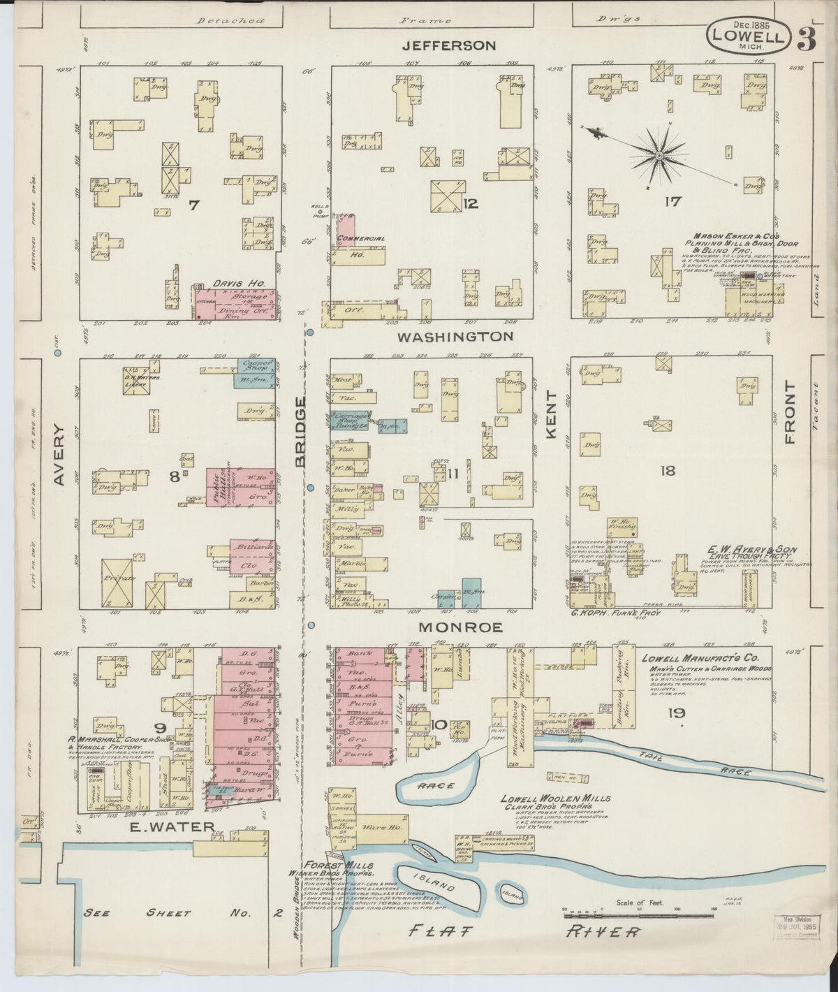Sanborn Fire Insurance Map from Lowell, Kent County, Michigan (1885), Sheet #0003 - Historic Sanborn Fire Insurance Map Print, vintage old map wall art, antique decor, genealogy gift, Michigan Michigan map