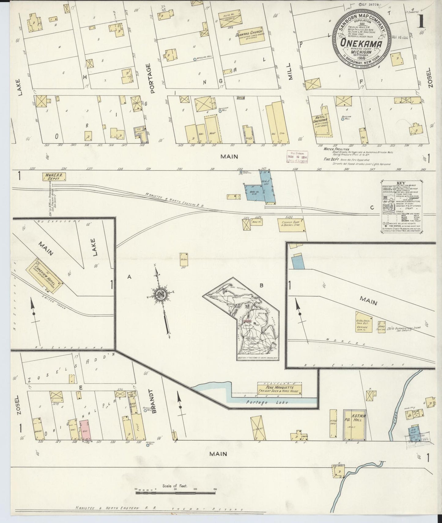 Sanborn Fire Insurance Map from Onekama, Manistee County, Michigan (1914), Sheet #0001 - Complete Map Set gallery image, historic Sanborn map, vintage wall art, Michigan Michigan