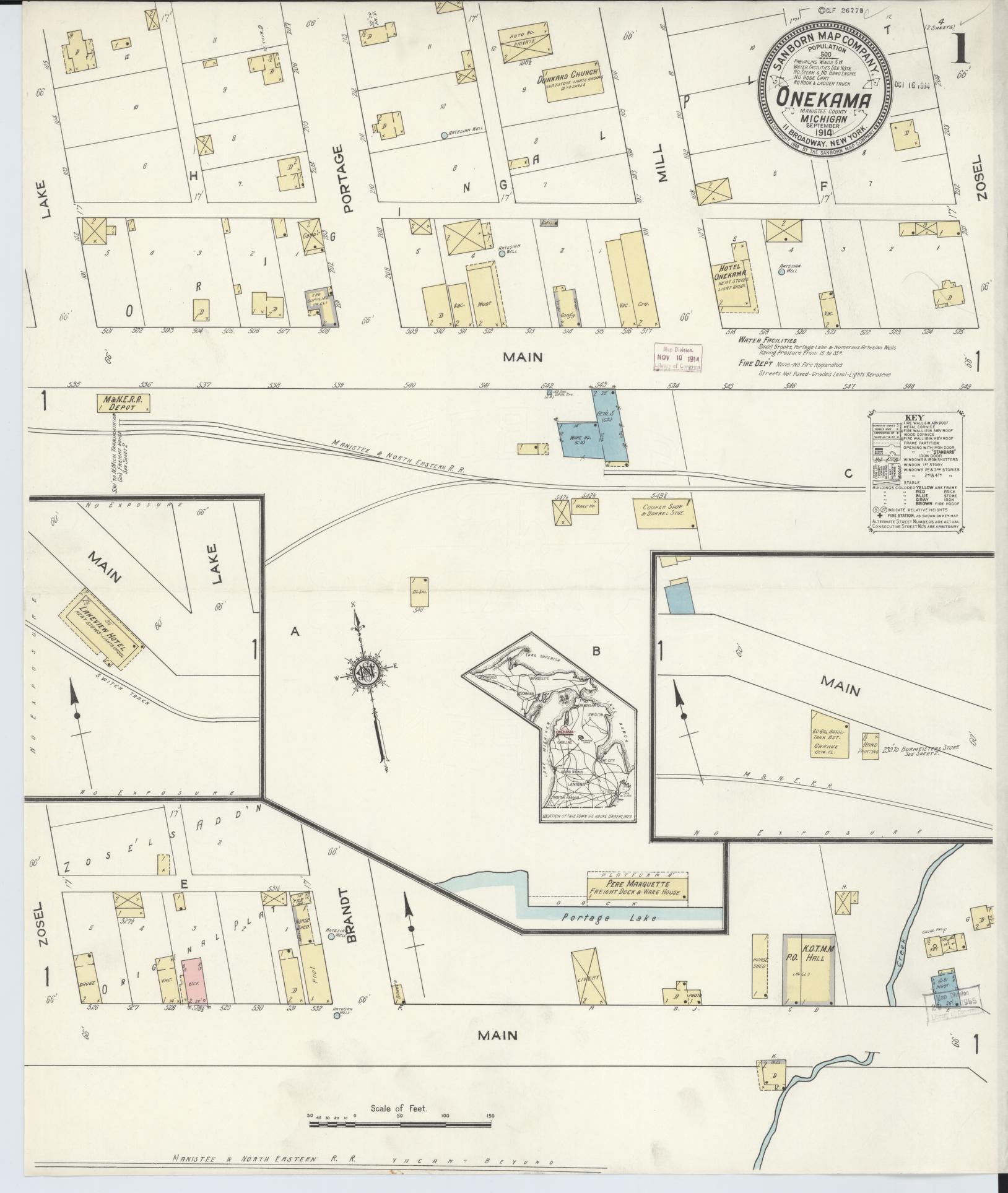Sanborn Fire Insurance Map from Onekama, Manistee County, Michigan (1914), Sheet #0001 - Complete Map Set gallery image, historic Sanborn map, vintage wall art, Michigan Michigan