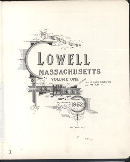 Sanborn Fire Insurance Map from Lowell, Middlesex County, Massachusetts (1952), Sheet #0001 - Historic Sanborn Fire Insurance Map Print, vintage old map wall art, antique decor, genealogy gift, Massachusetts Massachusetts map