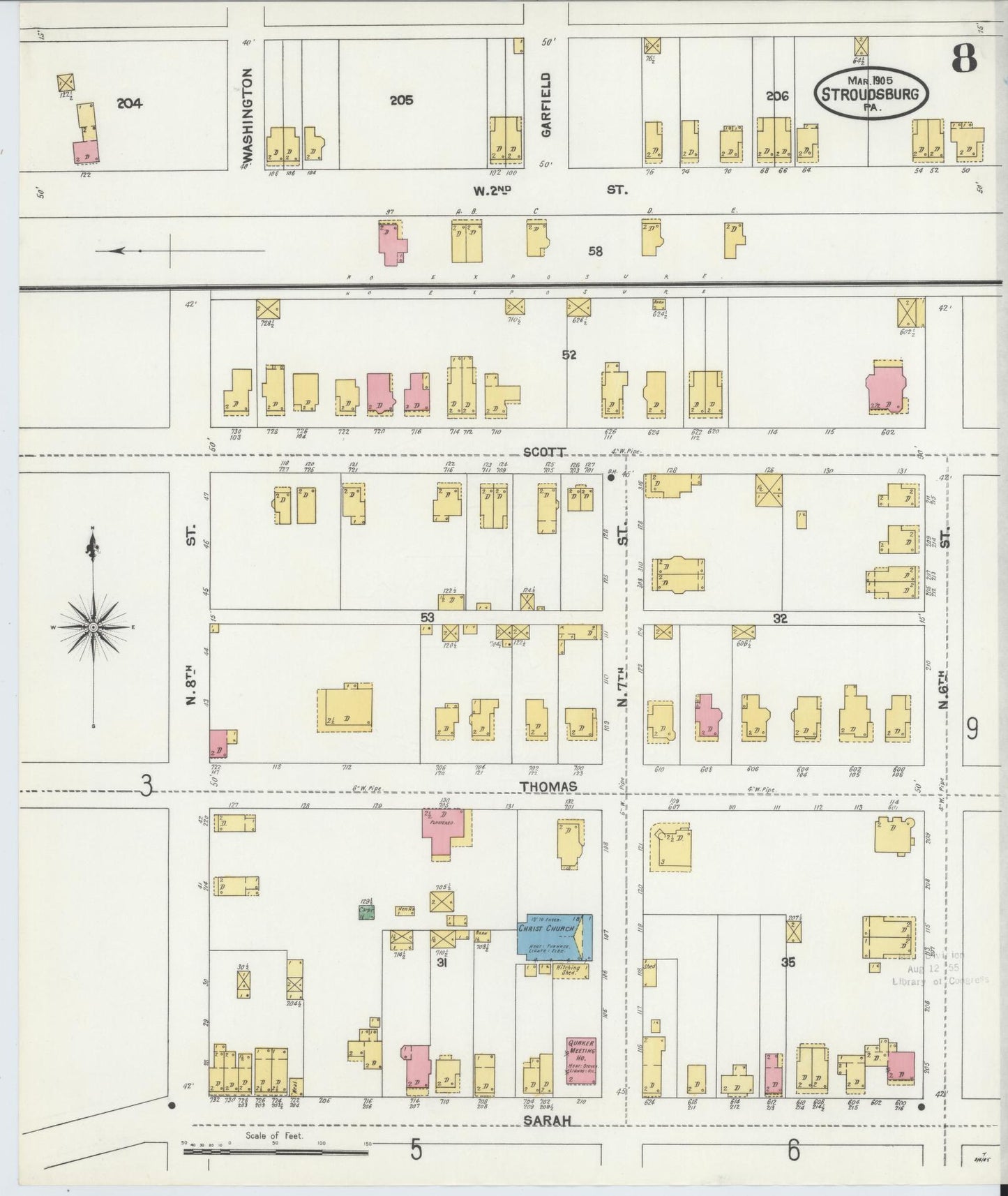 Sanborn Fire Insurance Map from Stroudsburg, Monroe County, Pennsylvania (1905), Sheet #0008 - Historic Sanborn Fire Insurance Map Print, vintage old map wall art, antique decor, genealogy gift, Pennsylvania Pennsylvania map