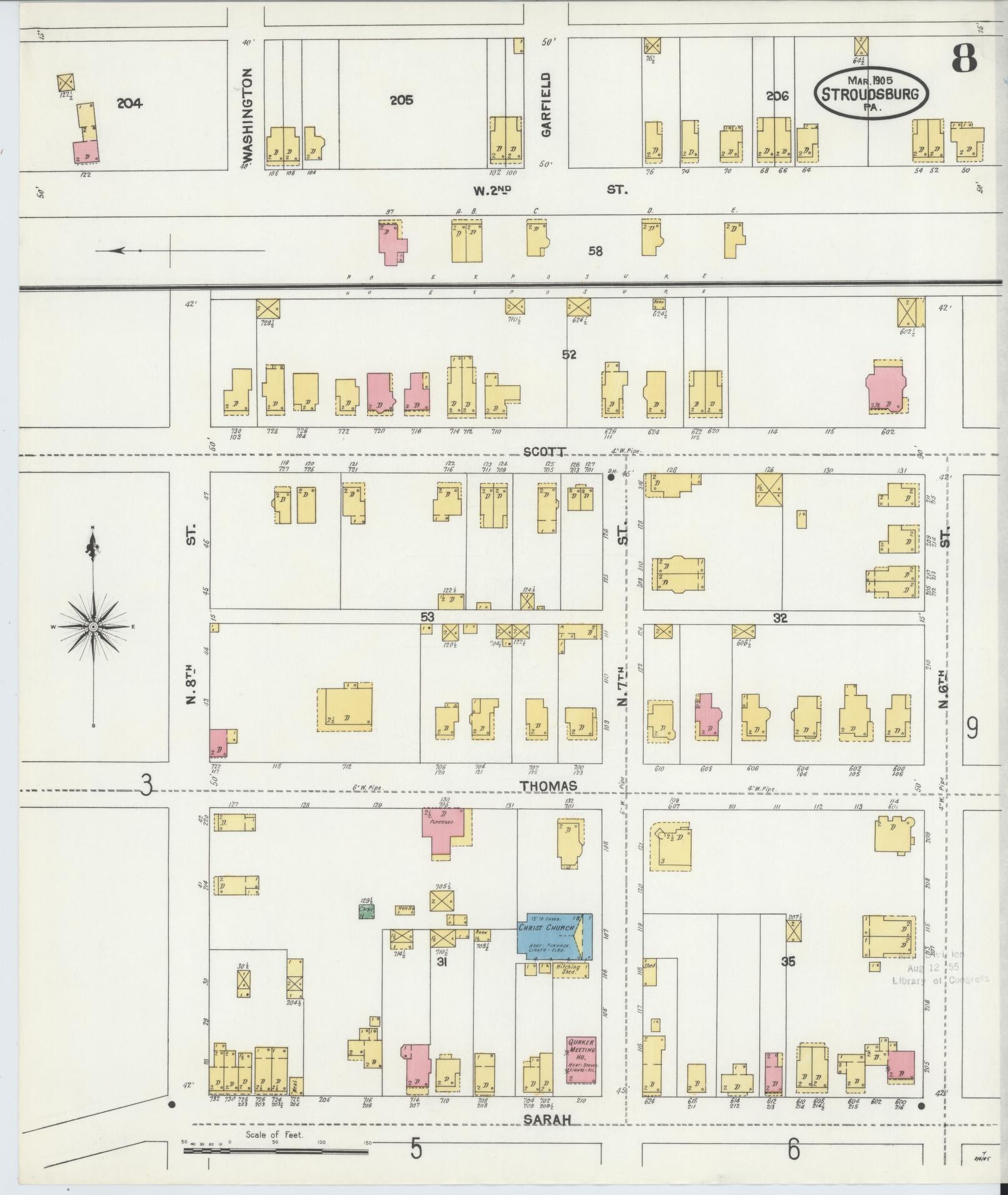 Sanborn Fire Insurance Map from Stroudsburg, Monroe County, Pennsylvania (1905), Sheet #0008 - Historic Sanborn Fire Insurance Map Print, vintage old map wall art, antique decor, genealogy gift, Pennsylvania Pennsylvania map