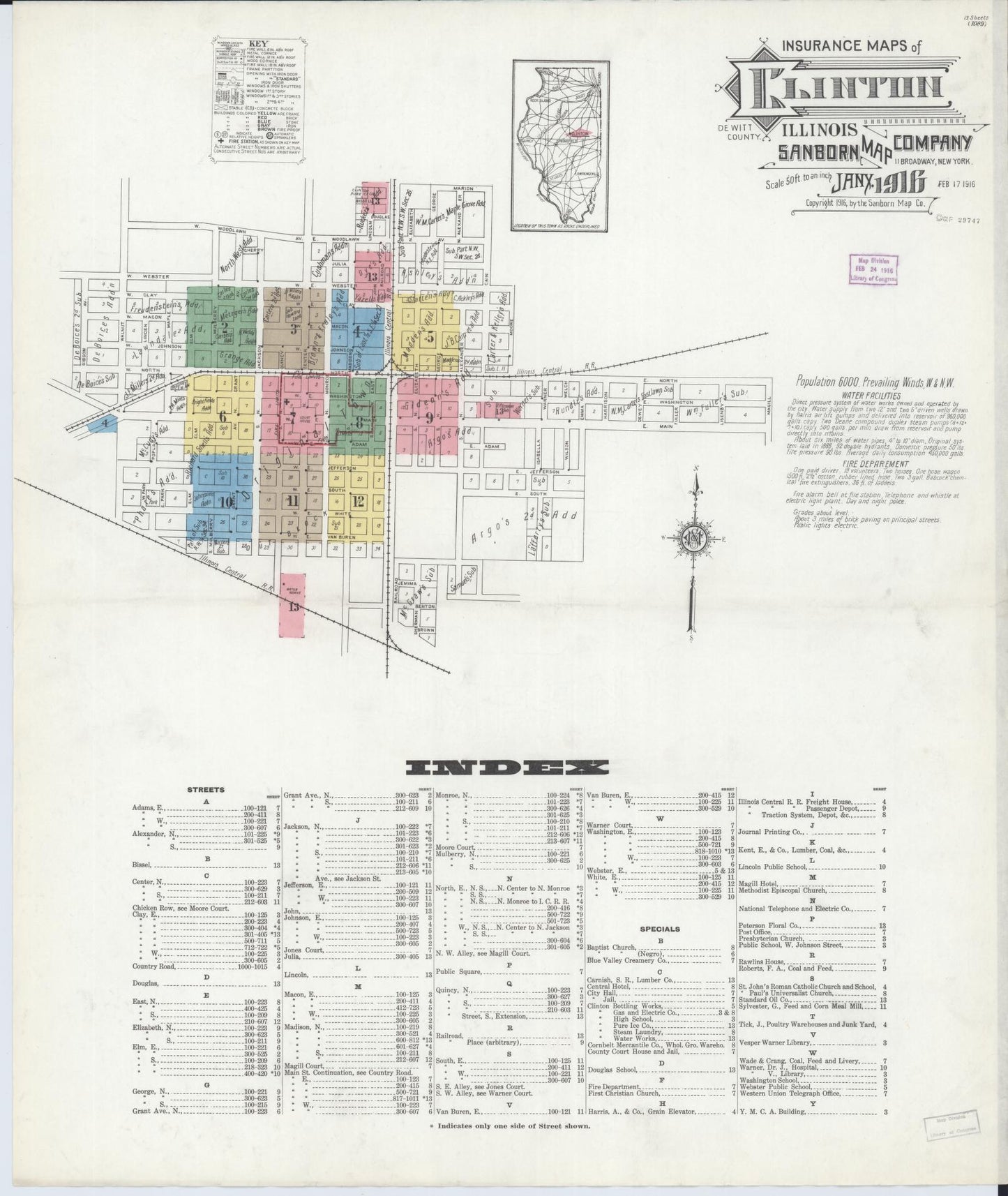 Sanborn Fire Insurance Map from Clinton, De Witt County, Illinois (1916), Sheet #0001 - Historic Sanborn Fire Insurance Map Print, vintage old map wall art, antique decor, genealogy gift, Illinois Illinois map