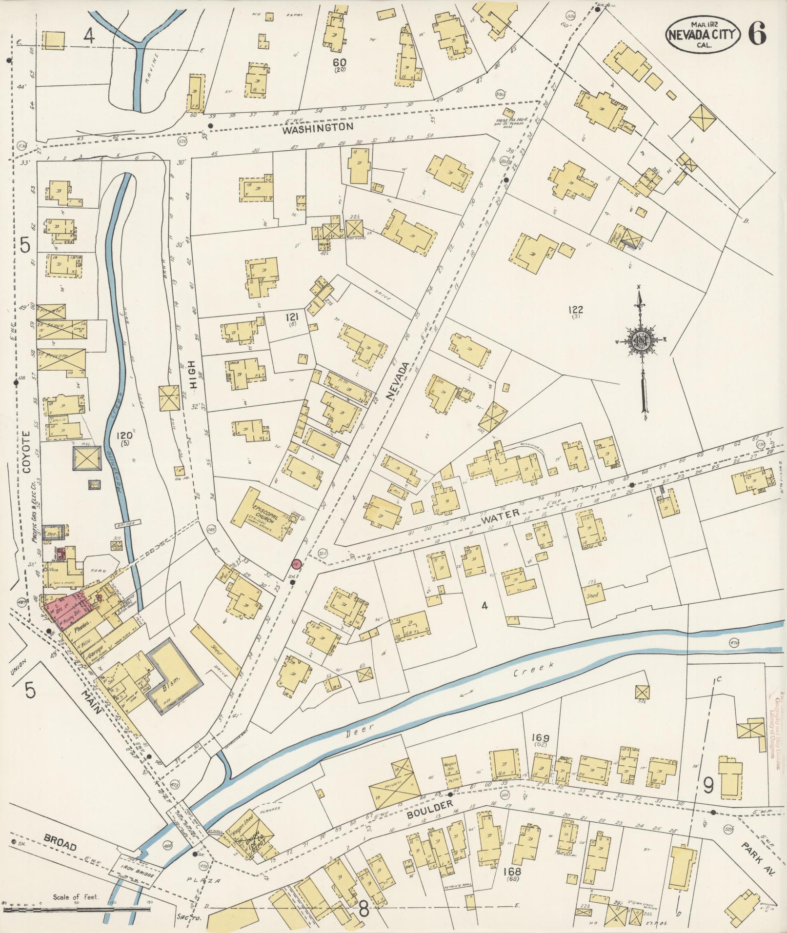Sanborn Fire Insurance Map from Nevada City, Nevada County, California (1912), Sheet #0006 - Historic Sanborn Fire Insurance Map Print, vintage old map wall art, antique decor, genealogy gift, Nevada City Nevada map