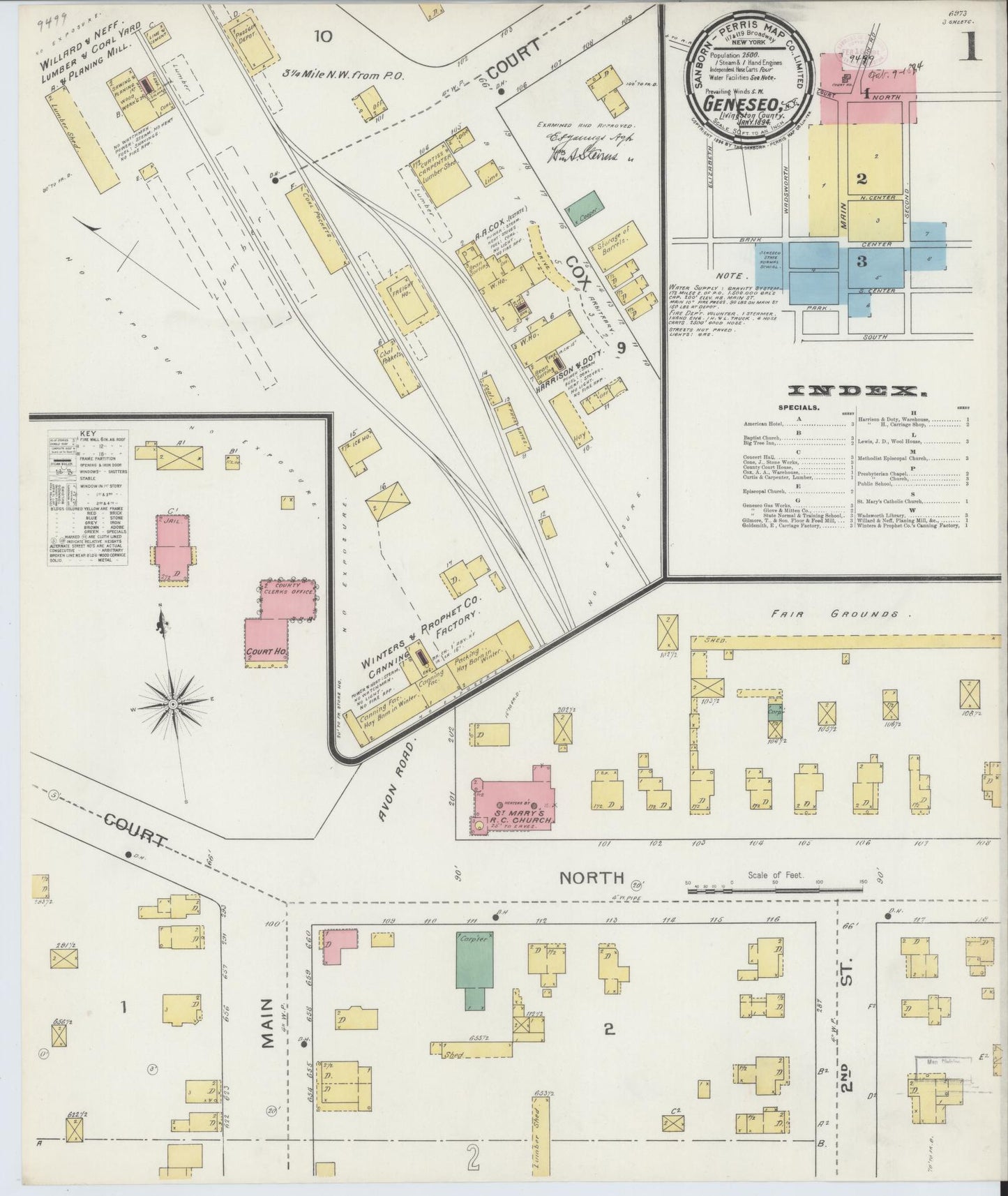 Sanborn Fire Insurance Map from Geneseo, Livingston County, New York (1894), Sheet #0001 - Historic Sanborn Fire Insurance Map Print, vintage old map wall art, antique decor, genealogy gift, New York New York map