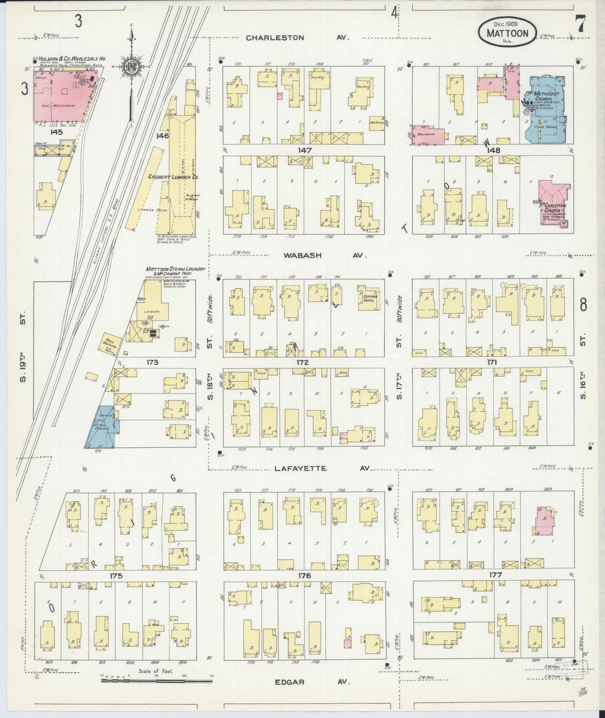 Sanborn Fire Insurance Map from Mattoon, Coles County, Illinois (1909), Sheet #0007 - Complete Map Set gallery image, historic Sanborn map, vintage wall art, Illinois Illinois