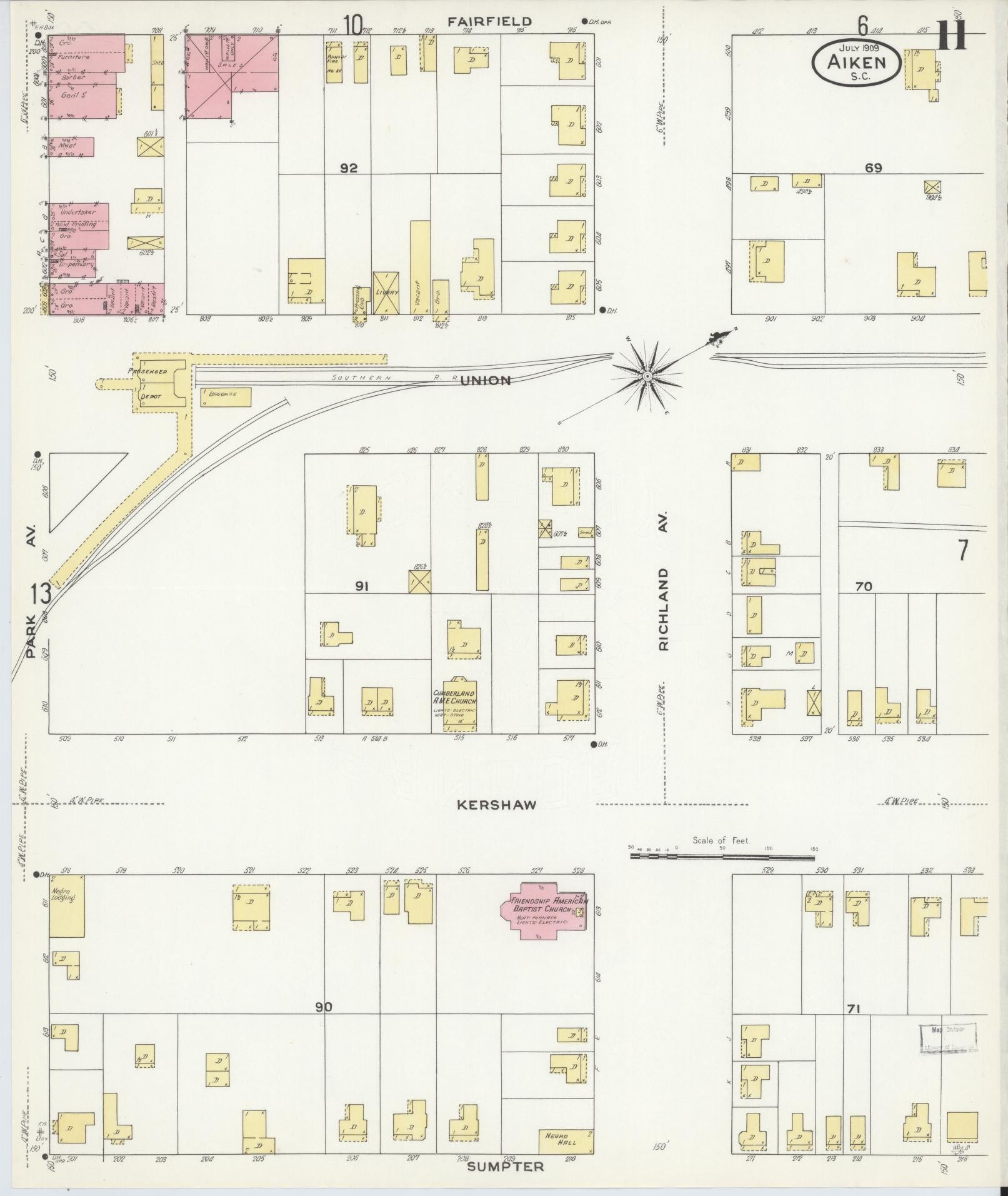 Sanborn Fire Insurance Map from Aiken, Aiken County, South Carolina (1909), Sheet #0011 - Historic Sanborn Fire Insurance Map Print, vintage old map wall art, antique decor, genealogy gift, South Carolina South Carolina map