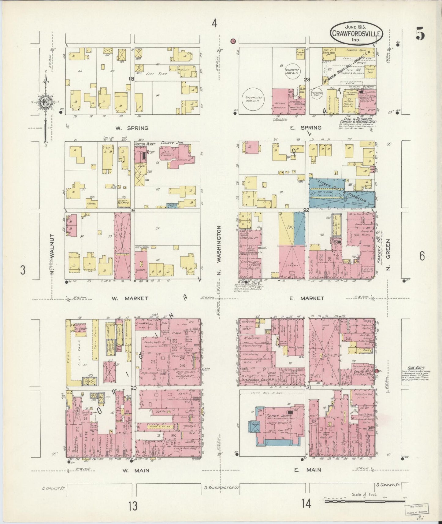 Sanborn Fire Insurance Map from Crawfordsville, Montgomery County, Indiana (1913), Sheet #0005 - Complete Map Set gallery image, historic Sanborn map, vintage wall art, Indiana Indiana