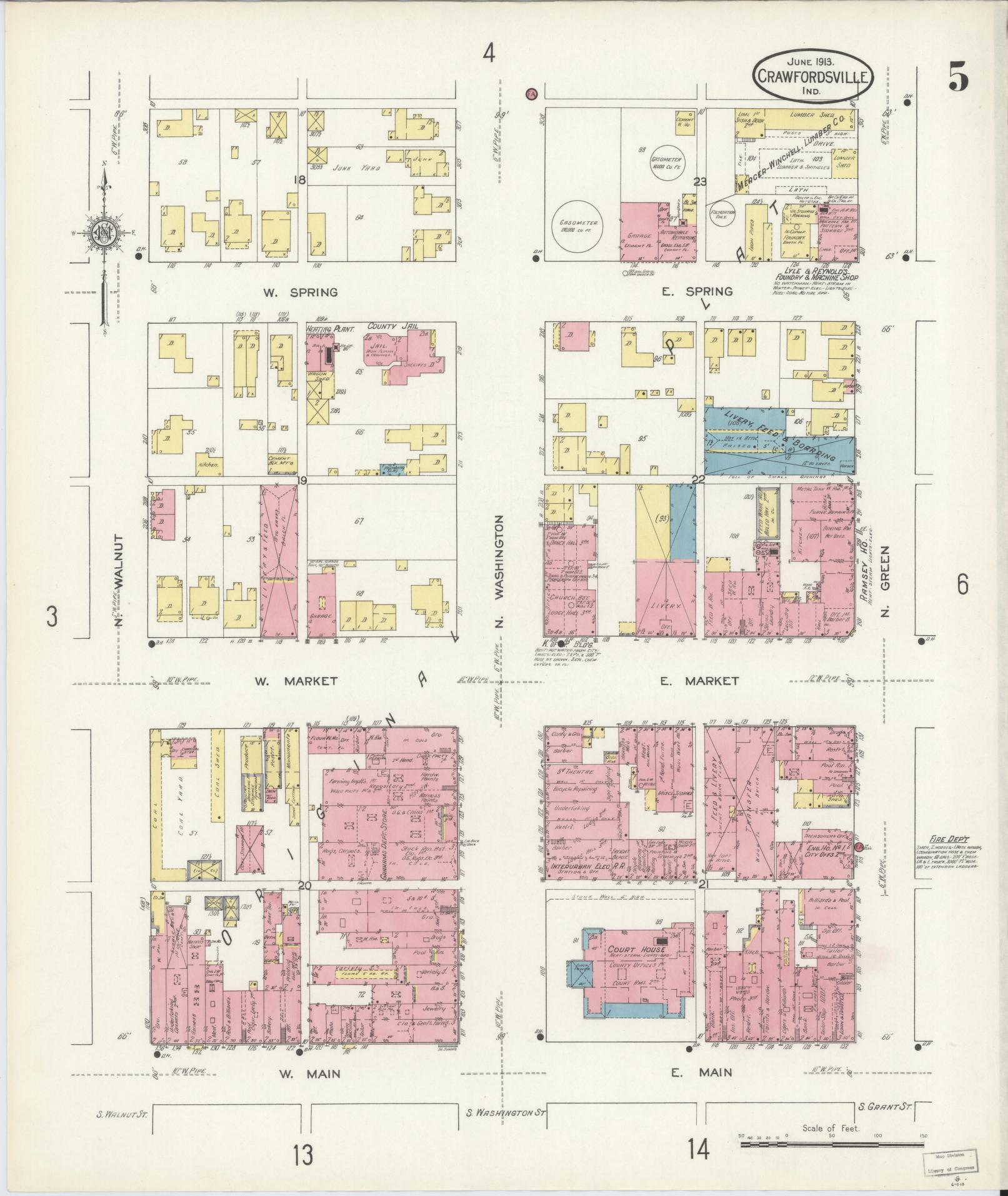Sanborn Fire Insurance Map from Crawfordsville, Montgomery County, Indiana (1913), Sheet #0005 - Complete Map Set gallery image, historic Sanborn map, vintage wall art, Indiana Indiana