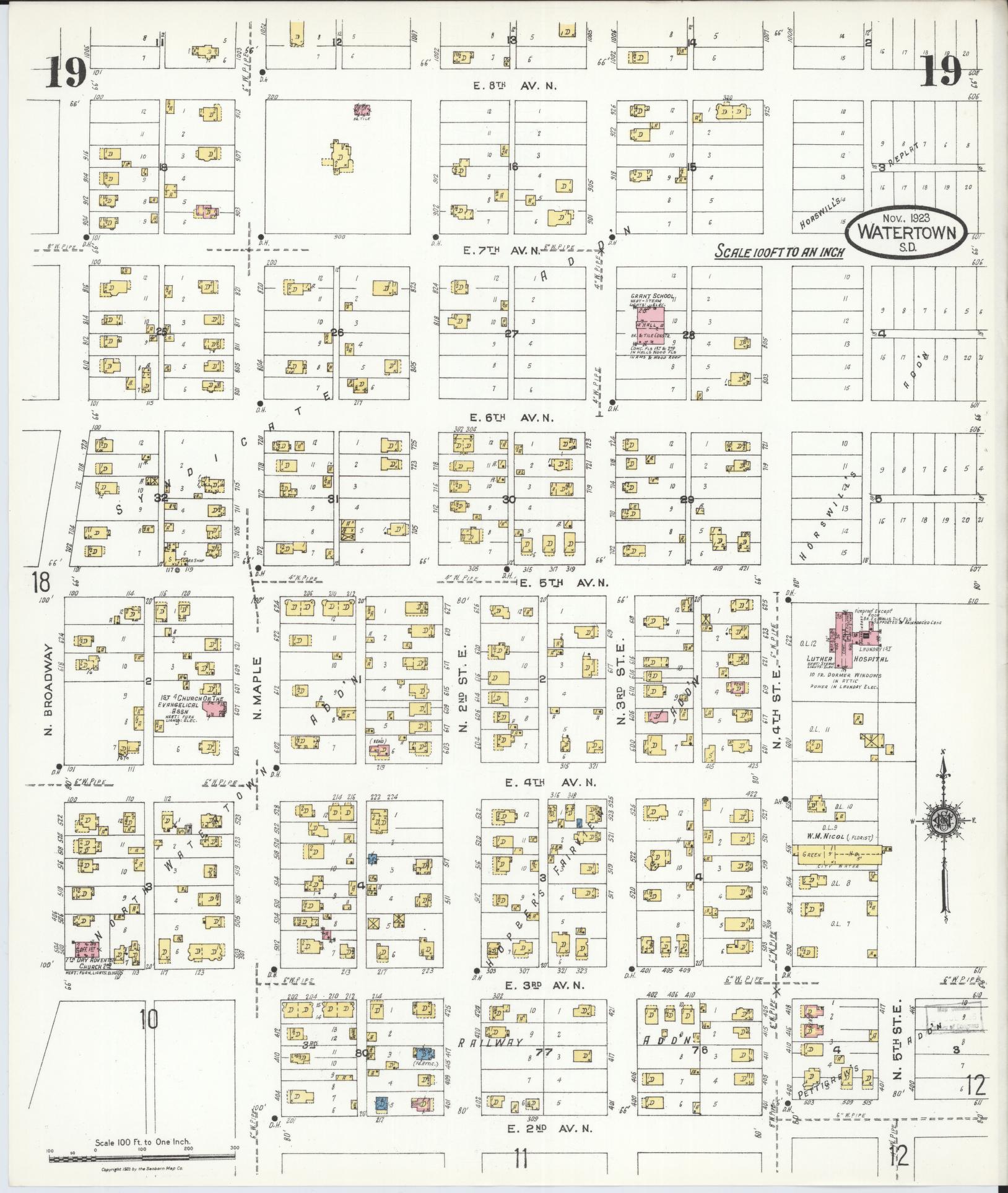 Sanborn Fire Insurance Map from Watertown, Codington County, South Dakota (1923), Sheet #0019 - Complete Map Set gallery image, historic Sanborn map, vintage wall art, South Dakota South Dakota