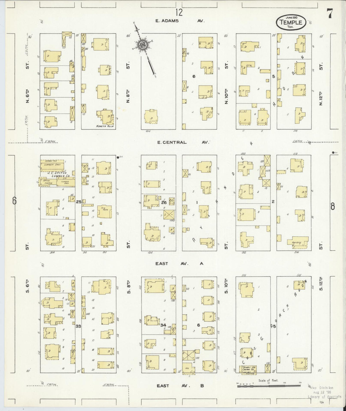 Sanborn Fire Insurance Map from Temple, Bell County, Texas (1910), Sheet #0007 - Historic Sanborn Fire Insurance Map Print, vintage old map wall art, antique decor, genealogy gift, Texas Texas map