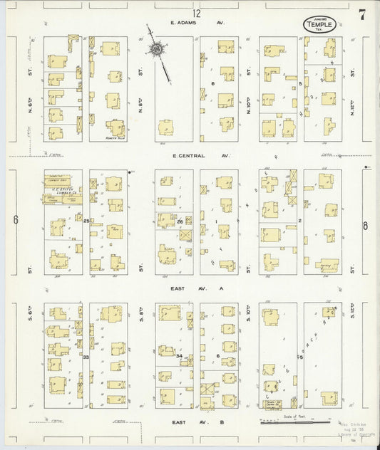 Sanborn Fire Insurance Map from Temple, Bell County, Texas (1910), Sheet #0007 - Historic Sanborn Fire Insurance Map Print, vintage old map wall art, antique decor, genealogy gift, Texas Texas map
