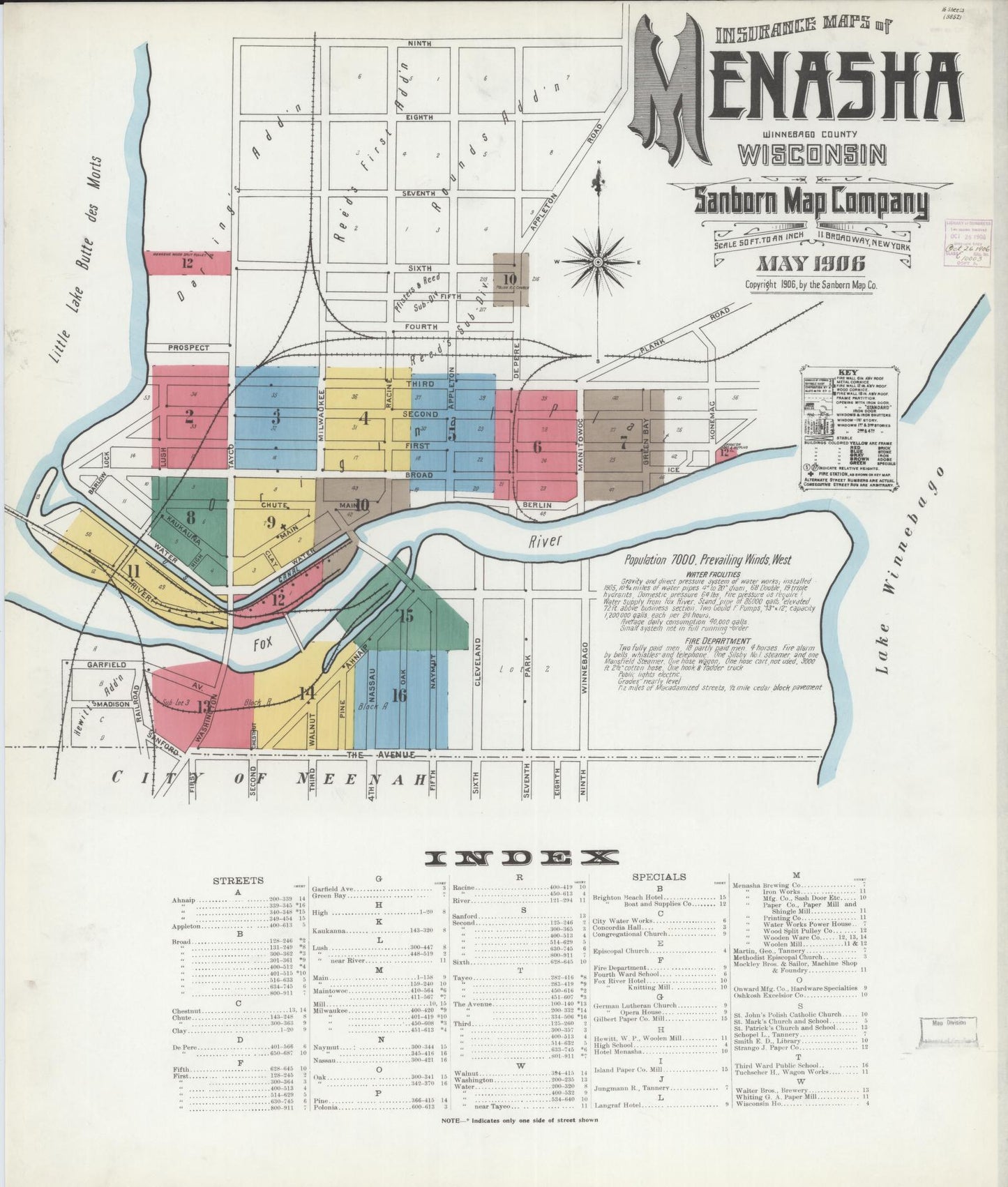 Sanborn Fire Insurance Map from Menasha, Winnebago County, Wisconsin (1906), Sheet #0001 - Historic Sanborn Fire Insurance Map Print, vintage old map wall art, antique decor, genealogy gift, Wisconsin Wisconsin map