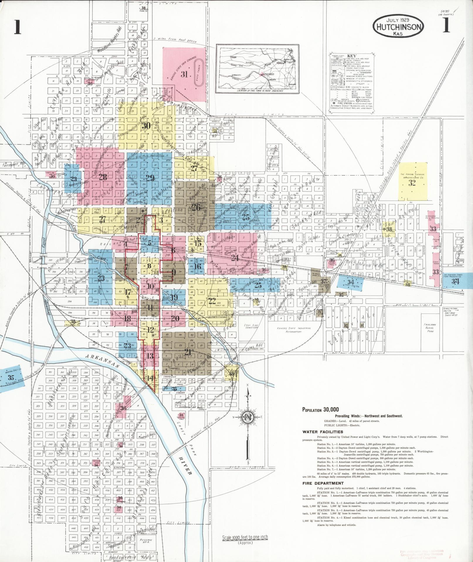 Sanborn Fire Insurance Map from Hutchinson, Reno County, Kansas (1929), Sheet #0002 - Complete Map Set gallery image, historic Sanborn map, vintage wall art, Kansas Kansas