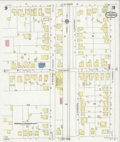 Sanborn Fire Insurance Map from Florence, Florence County, South Carolina (1924), Sheet #0009 - Complete Map Set gallery image, historic Sanborn map, vintage wall art, South Carolina South Carolina