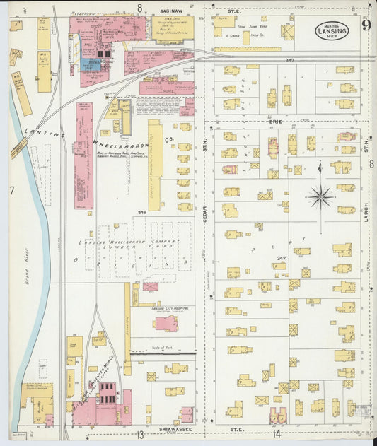 Sanborn Fire Insurance Map from Lansing, Ingham County, Michigan (1906), Sheet #0009 - Historic Sanborn Fire Insurance Map Print, vintage old map wall art, antique decor, genealogy gift, Michigan Michigan map