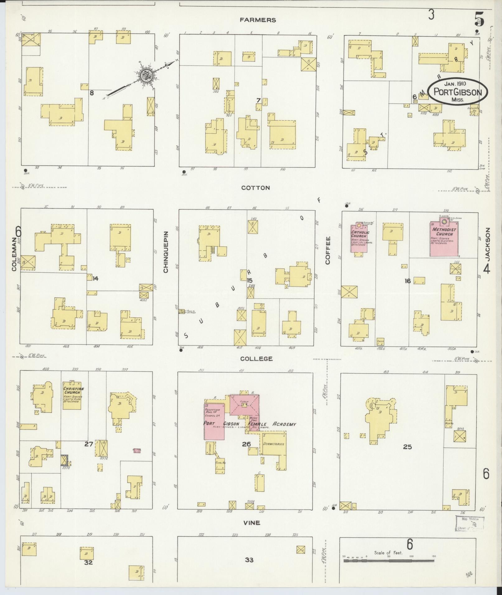 Sanborn Fire Insurance Map from Port Gibson, Claiborne County, Mississippi (1910), Sheet #0005 - Historic Sanborn Fire Insurance Map Print, vintage old map wall art, antique decor, genealogy gift, Mississippi Mississippi map
