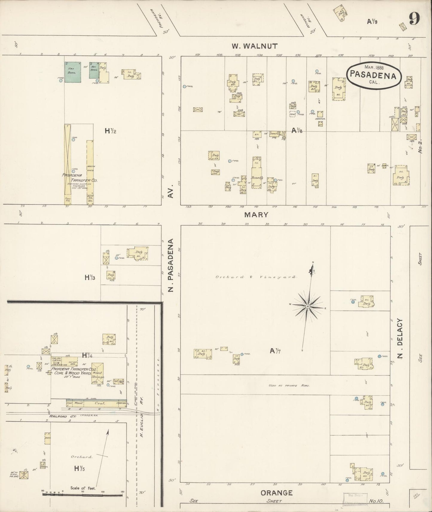 Sanborn Fire Insurance Map from Pasadena, Los Angeles County, California (1888), Sheet #0009 - Complete Map Set gallery image, historic Sanborn map, vintage wall art, California California