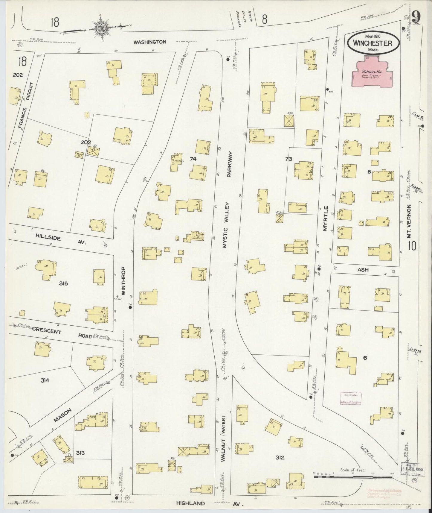 Sanborn Fire Insurance Map from Winchester, Middlesex County, Massachusetts (1910), Sheet #0009 - Complete Map Set gallery image, historic Sanborn map, vintage wall art, Massachusetts Massachusetts
