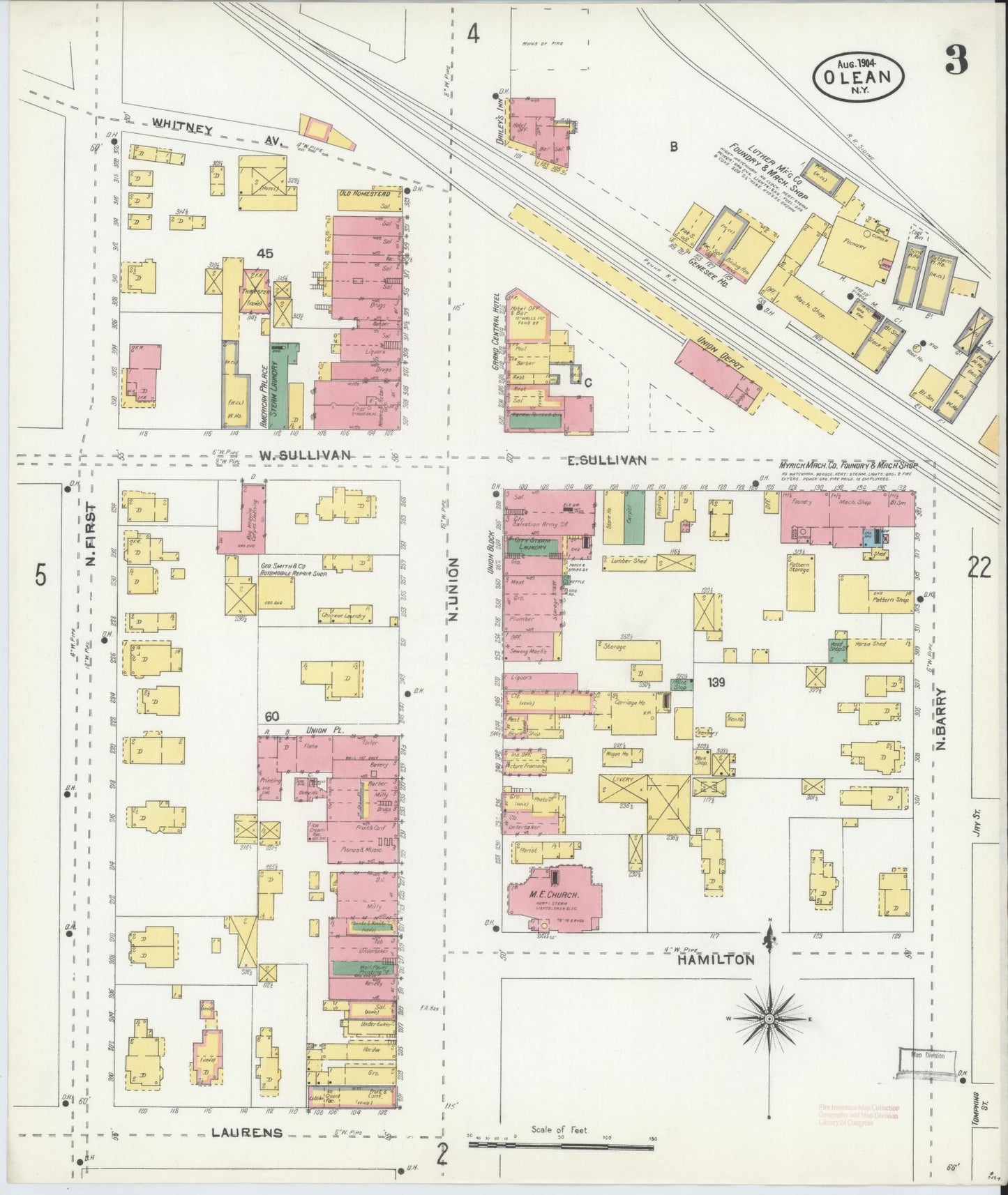 Sanborn Fire Insurance Map from Olean, Cattaraugus County, New York (1904), Sheet #0003 - Historic Sanborn Fire Insurance Map Print, vintage old map wall art, antique decor, genealogy gift, New York New York map