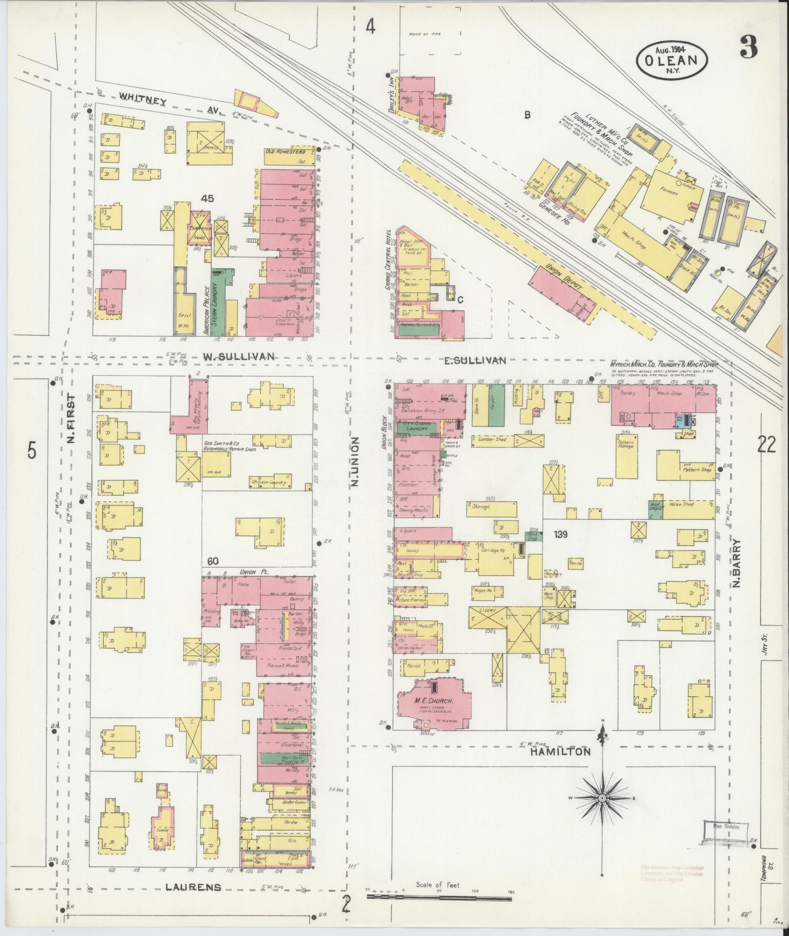 Sanborn Fire Insurance Map from Olean, Cattaraugus County, New York (1904), Sheet #0003 - Historic Sanborn Fire Insurance Map Print, vintage old map wall art, antique decor, genealogy gift, New York New York map