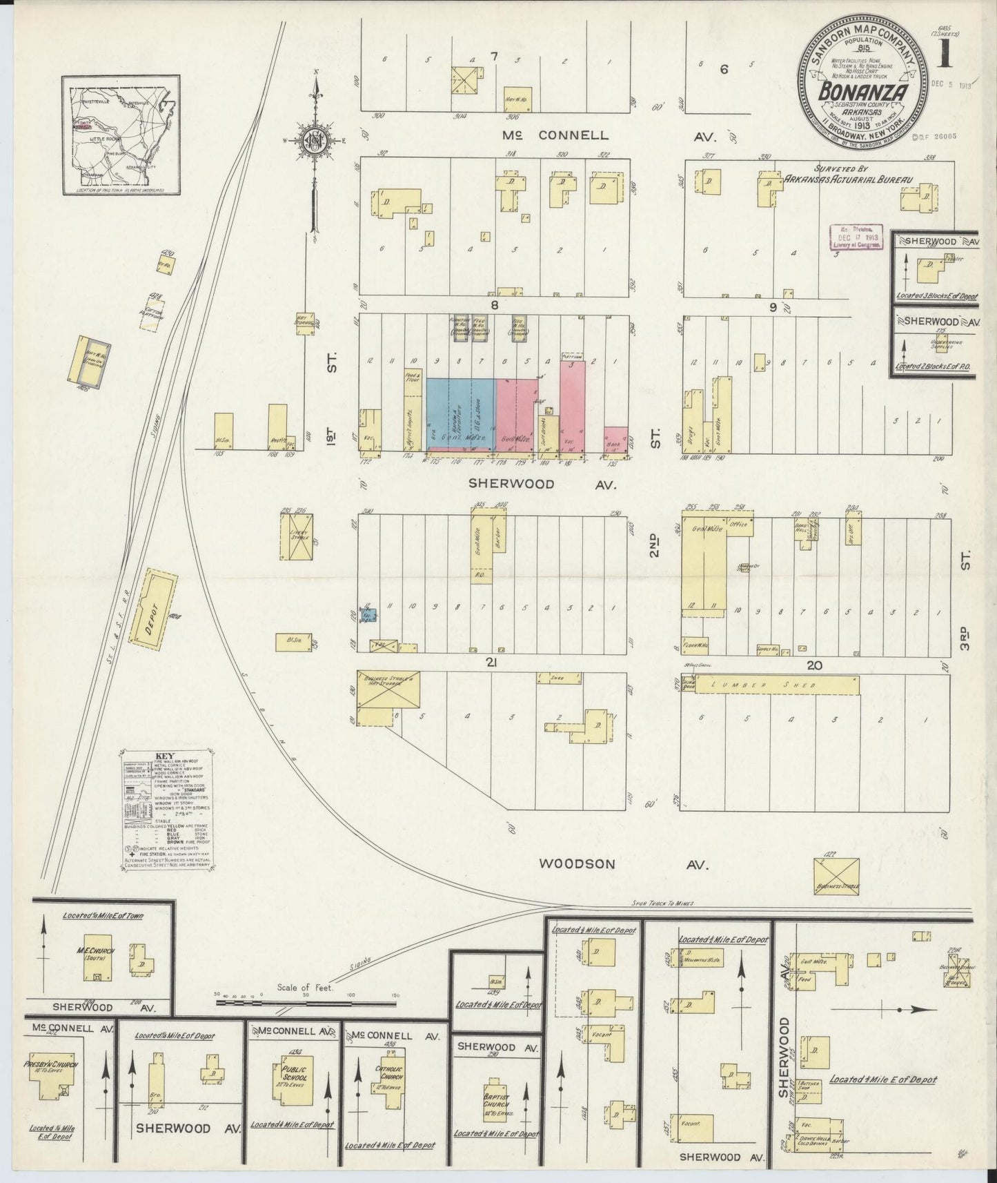 Sanborn Fire Insurance Map from Bonanza, Sebastian County, Arkansas (1913), Sheet #0001 - Complete Map Set gallery image, historic Sanborn map, vintage wall art, Arkansas Arkansas