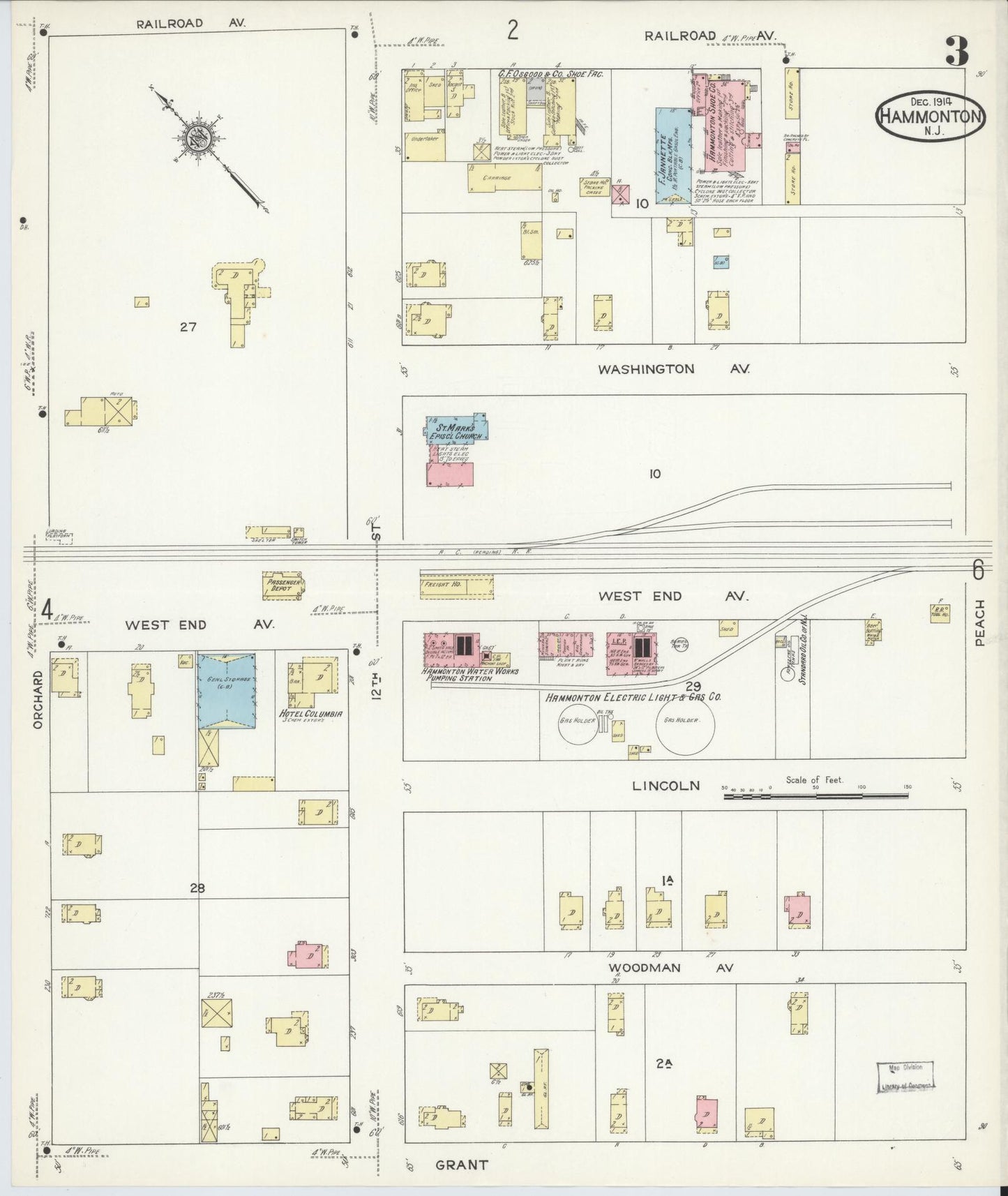 Sanborn Fire Insurance Map from Hammonton, Atlantic County, New Jersey (1914), Sheet #0003 - Historic Sanborn Fire Insurance Map Print, vintage old map wall art, antique decor, genealogy gift, New Jersey New Jersey map