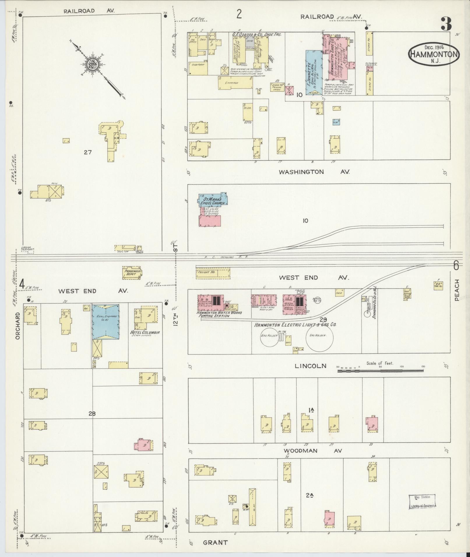 Sanborn Fire Insurance Map from Hammonton, Atlantic County, New Jersey (1914), Sheet #0003 - Historic Sanborn Fire Insurance Map Print, vintage old map wall art, antique decor, genealogy gift, New Jersey New Jersey map