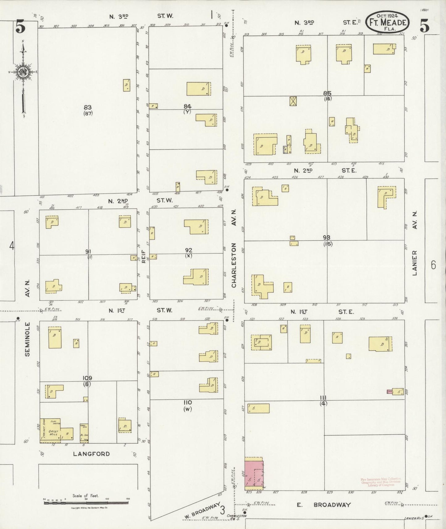 Sanborn Fire Insurance Map from Fort Meade, Polk County, Florida (1924), Sheet #0005 - Complete Map Set gallery image, historic Sanborn map, vintage wall art, Florida Florida