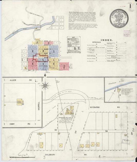 Sanborn Fire Insurance Map from Cody, Park County, Wyoming (1907), Sheet #0001 - Complete Map Set gallery image, historic Sanborn map, vintage wall art, Wyoming Wyoming