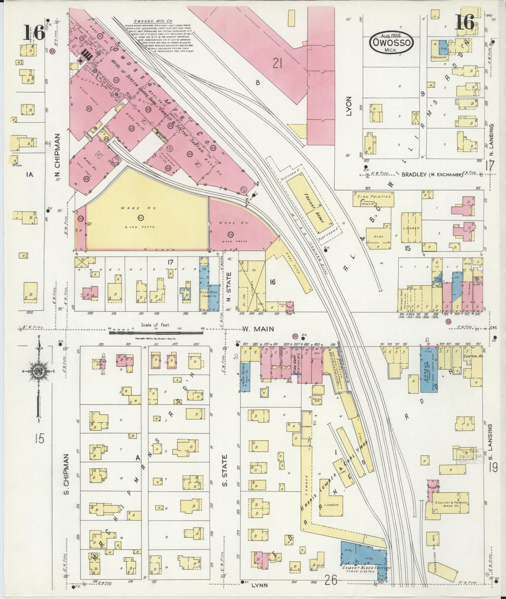 Sanborn Fire Insurance Map from Owosso, Shiawassee County, Michigan (1924), Sheet #0016 - Complete Map Set gallery image, historic Sanborn map, vintage wall art, Michigan Michigan