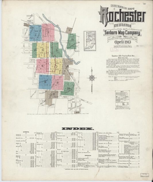 Sanborn Fire Insurance Map from Rochester, Fulton County, Indiana (1913), Sheet #0001 - Historic Sanborn Fire Insurance Map Print, vintage old map wall art, antique decor, genealogy gift, Indiana Indiana map