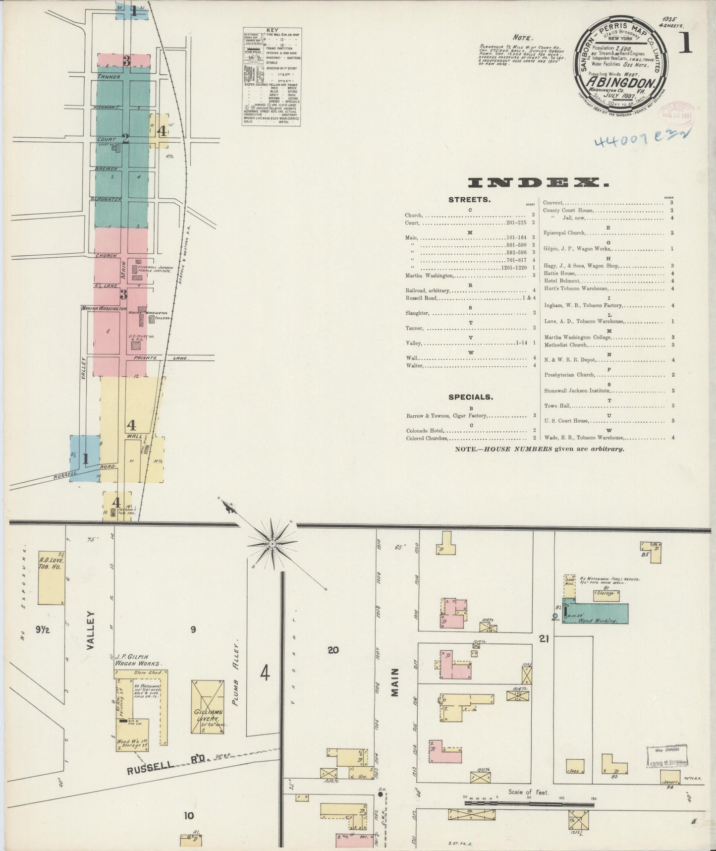 Sanborn Fire Insurance Map from Abingdon, Washington County, Virginia (1897), Sheet #0001 - Complete Map Set gallery image, historic Sanborn map, vintage wall art, Virginia Virginia