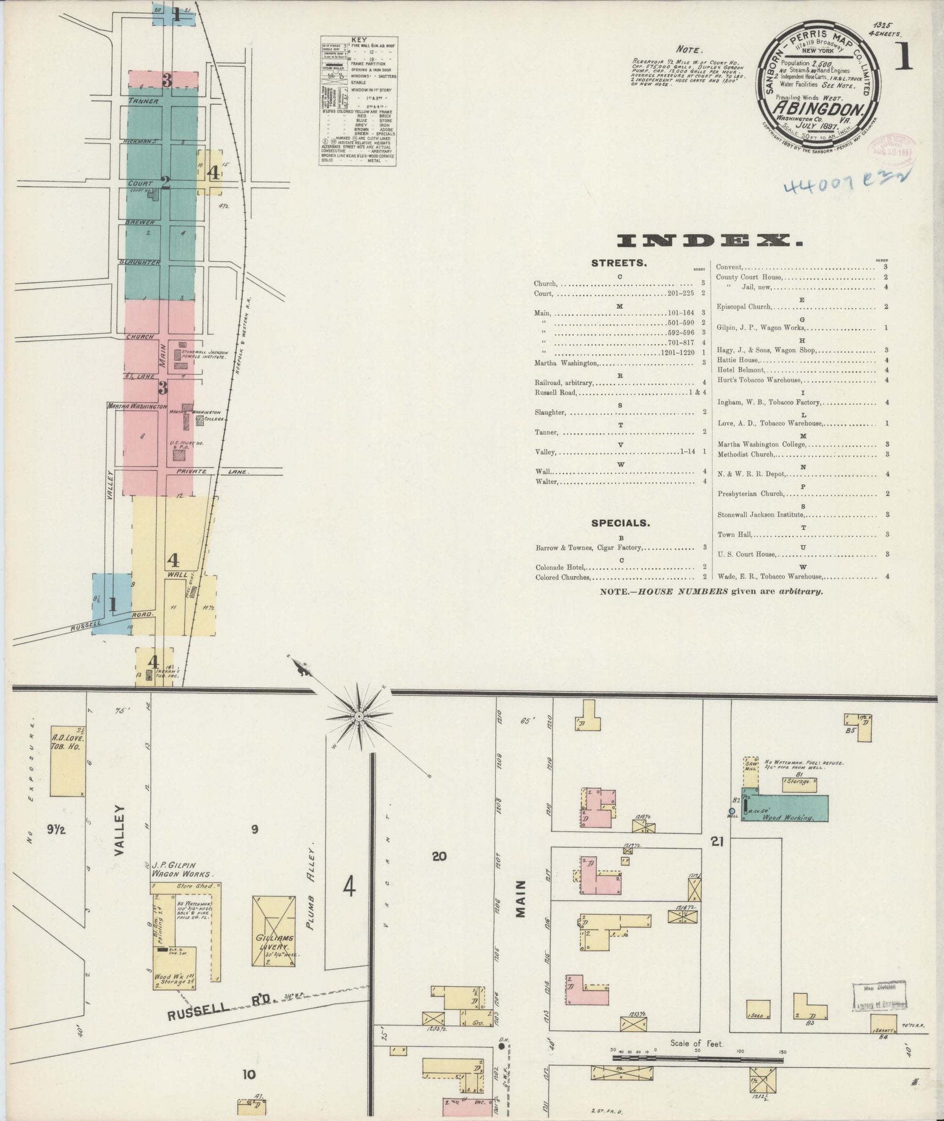 Sanborn Fire Insurance Map from Abingdon, Washington County, Virginia (1897), Sheet #0001 - Complete Map Set gallery image, historic Sanborn map, vintage wall art, Virginia Virginia