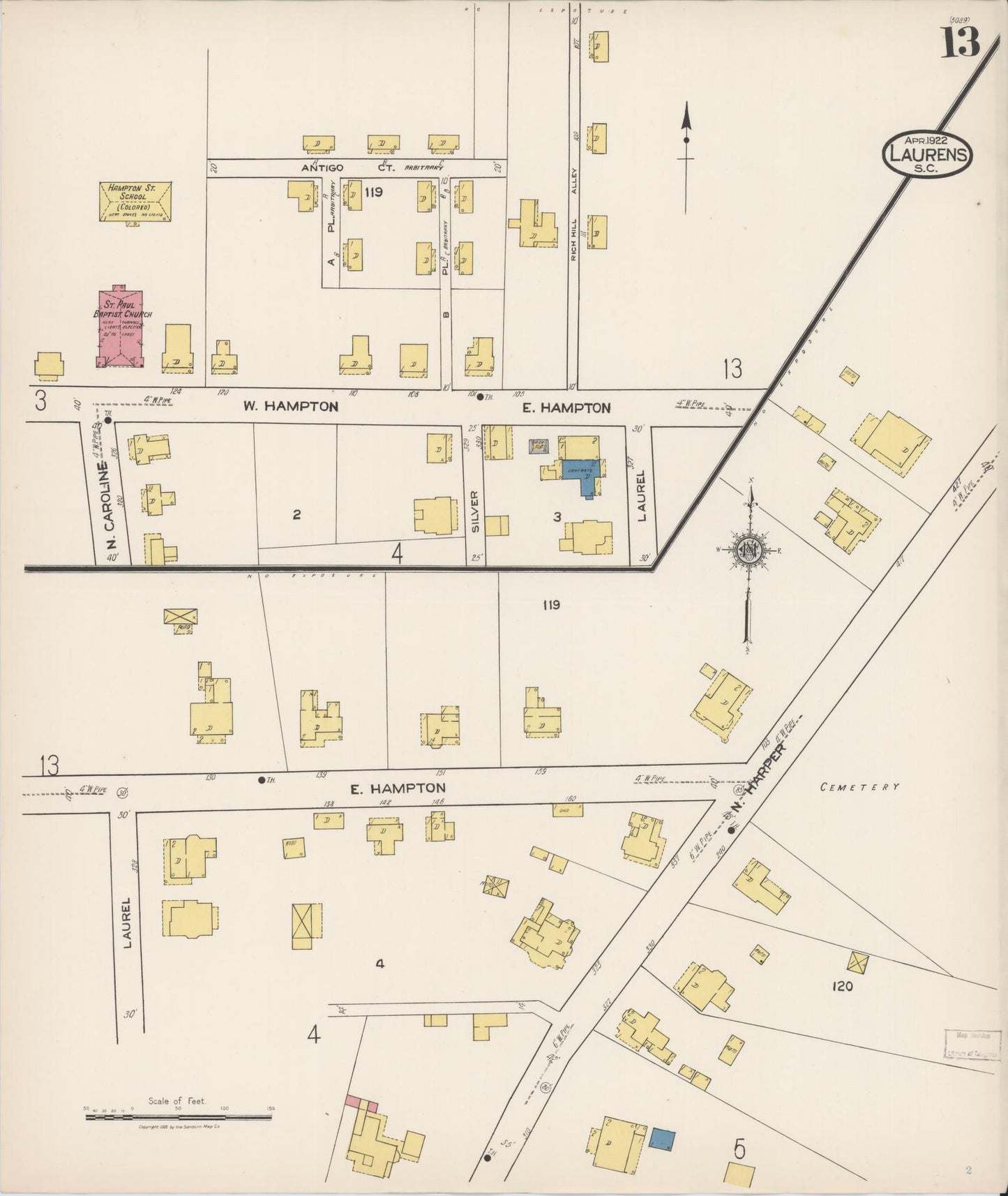 Sanborn Fire Insurance Map from Laurens, Laurens County, South Carolina (1922), Sheet #0013 - Historic Sanborn Fire Insurance Map Print, vintage old map wall art, antique decor, genealogy gift, South Carolina South Carolina map