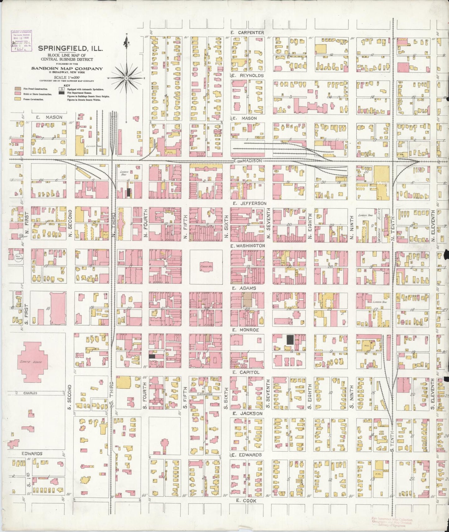 Sanborn Fire Insurance Map from Springfield, Sangamon County, Illinois (1906), Sheet #0001 - Historic Sanborn Fire Insurance Map Print, vintage old map wall art, antique decor, genealogy gift, Illinois Illinois map