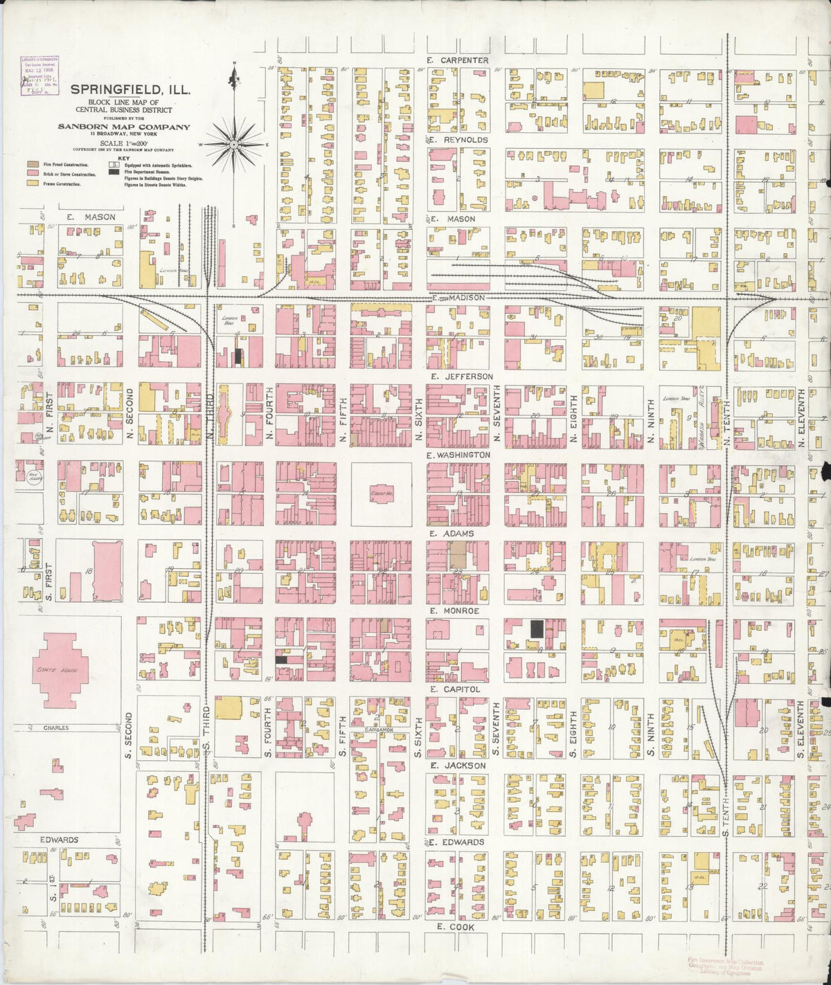 Sanborn Fire Insurance Map from Springfield, Sangamon County, Illinois (1906), Sheet #0001 - Historic Sanborn Fire Insurance Map Print, vintage old map wall art, antique decor, genealogy gift, Illinois Illinois map