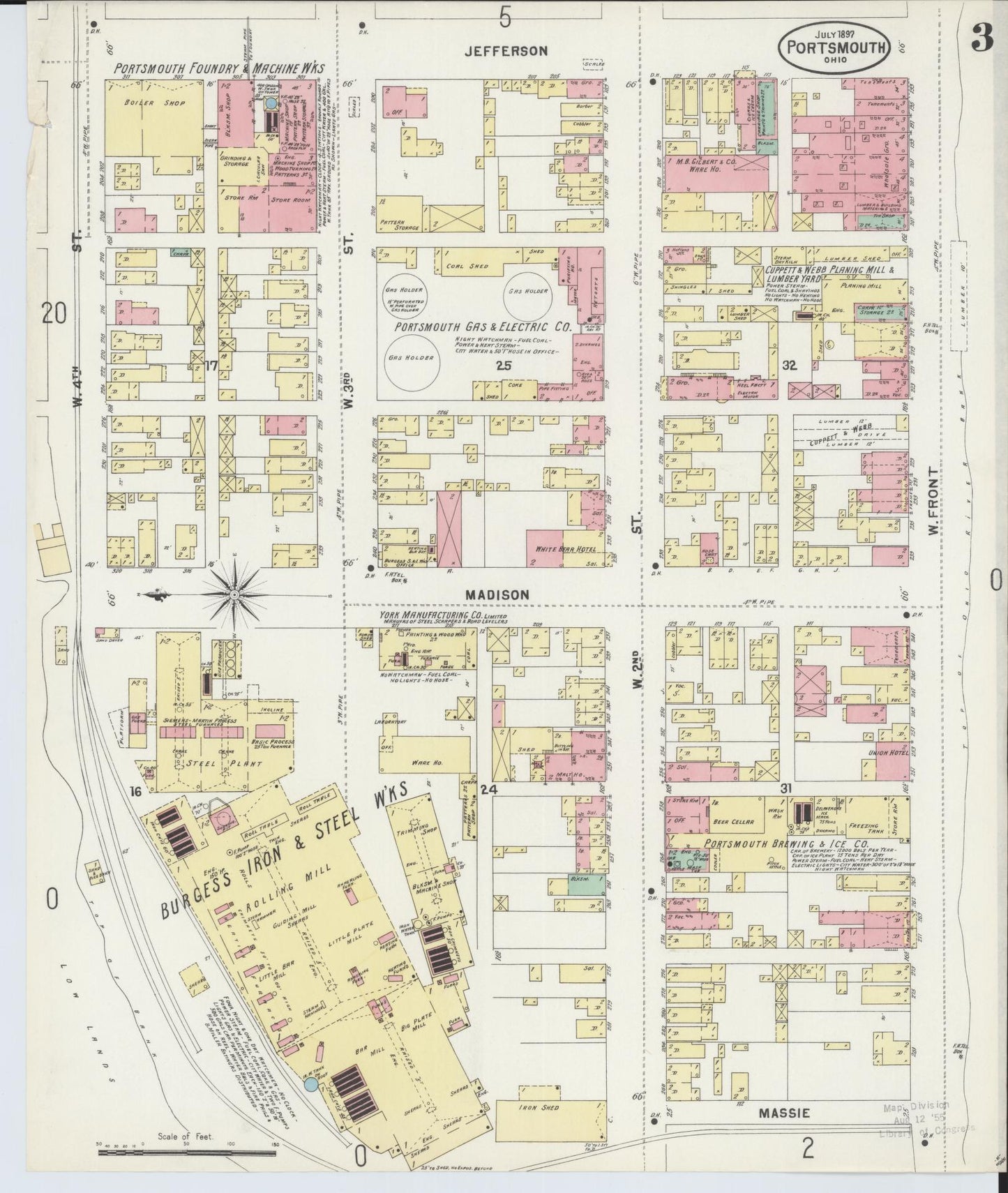 Sanborn Fire Insurance Map from Portsmouth, Scioto County, Ohio (1897), Sheet #0003 - Historic Sanborn Fire Insurance Map Print, vintage old map wall art, antique decor, genealogy gift, Ohio Ohio map