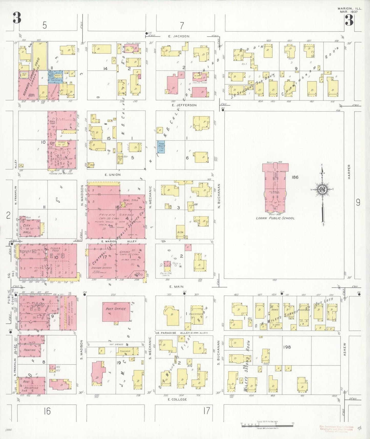 Sanborn Fire Insurance Map from Marion, Williamson County, Illinois (1937), Sheet #0003 - Complete Map Set gallery image, historic Sanborn map, vintage wall art, Illinois Illinois