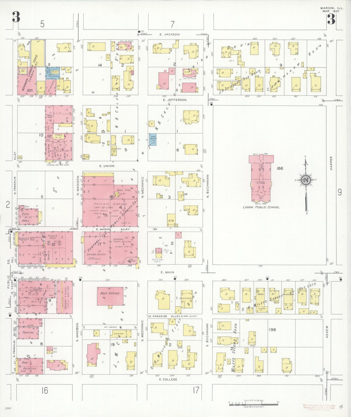Sanborn Fire Insurance Map from Marion, Williamson County, Illinois (1937), Sheet #0003 - Complete Map Set gallery image, historic Sanborn map, vintage wall art, Illinois Illinois